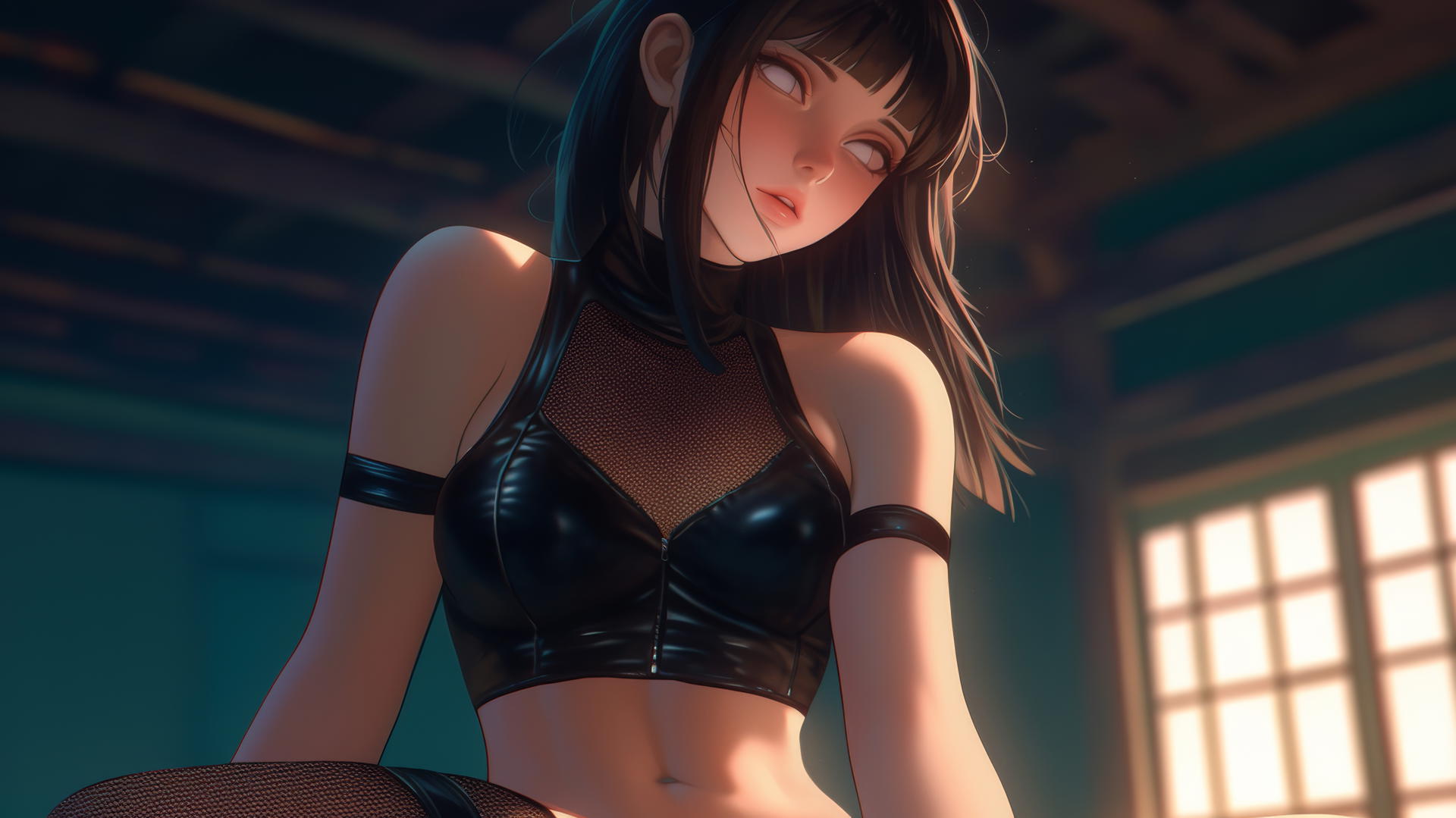 Hinata Hyuga from Naruto kneeling, leaning forward with white eyes, warm light, ceiling background.