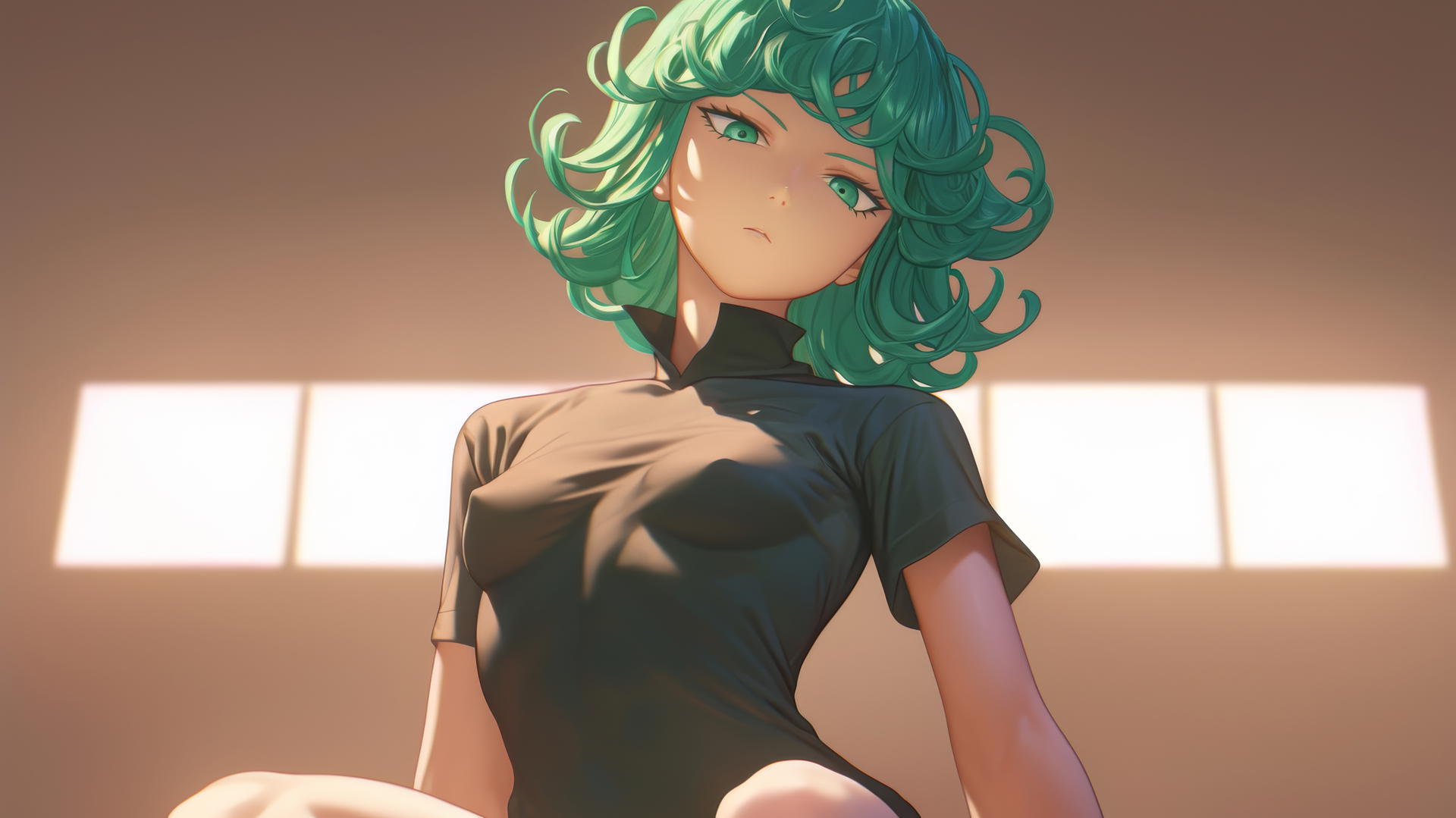 Tatsumaki from One-Punch Man kneeling, leaning, with emerald green hair and eyes, ceiling background