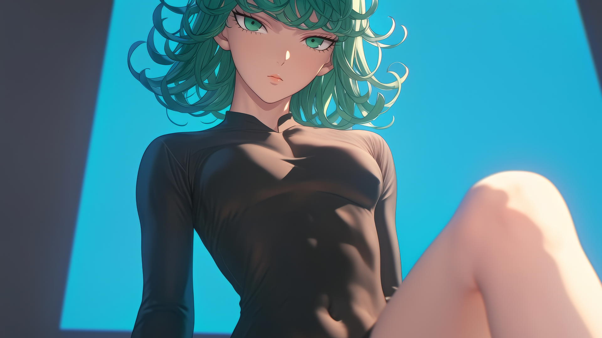 Tatsumaki from One-Punch Man kneeling and leaning with emerald green hair and eyes, warm light, ceiling background.