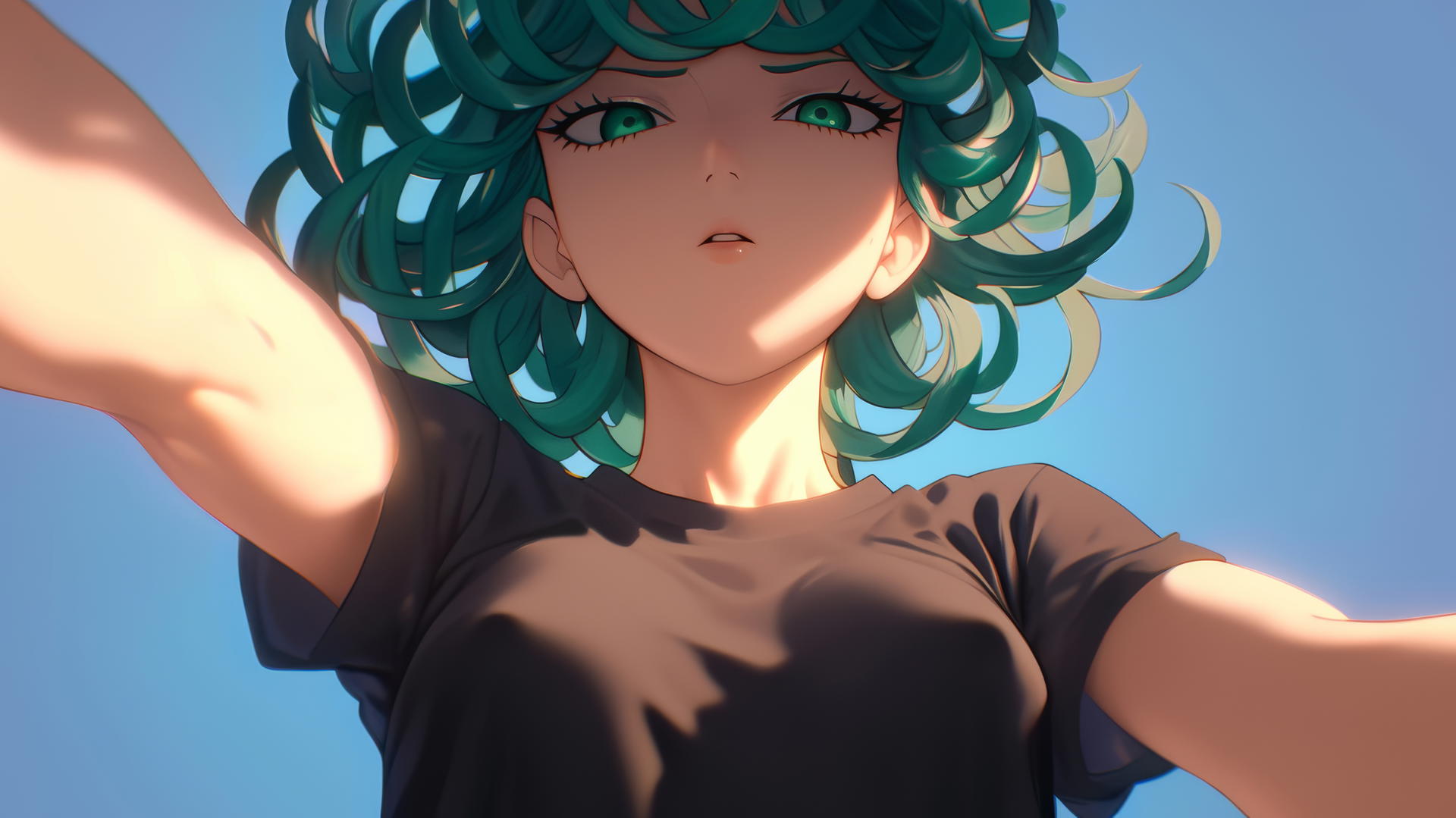 Tatsumaki in a t-shirt, kneeling with green eyes & hair, under warm light with ceiling background.