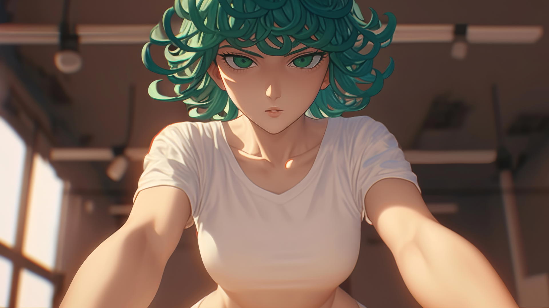 Tatsumaki from One-Punch Man, wearing a white t-shirt, kneeling and leaning forward, with a ceiling in the background, warm light casting a glow on her, looking straight down.
