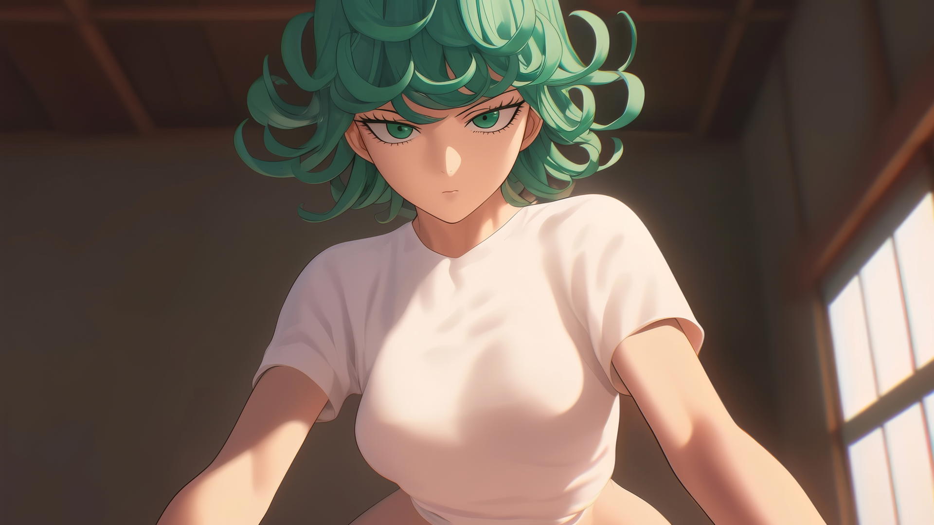 Tatsumaki from One-Punch Man kneeling, leaning forward, seen from below, with green hair and eyes, ceiling background.