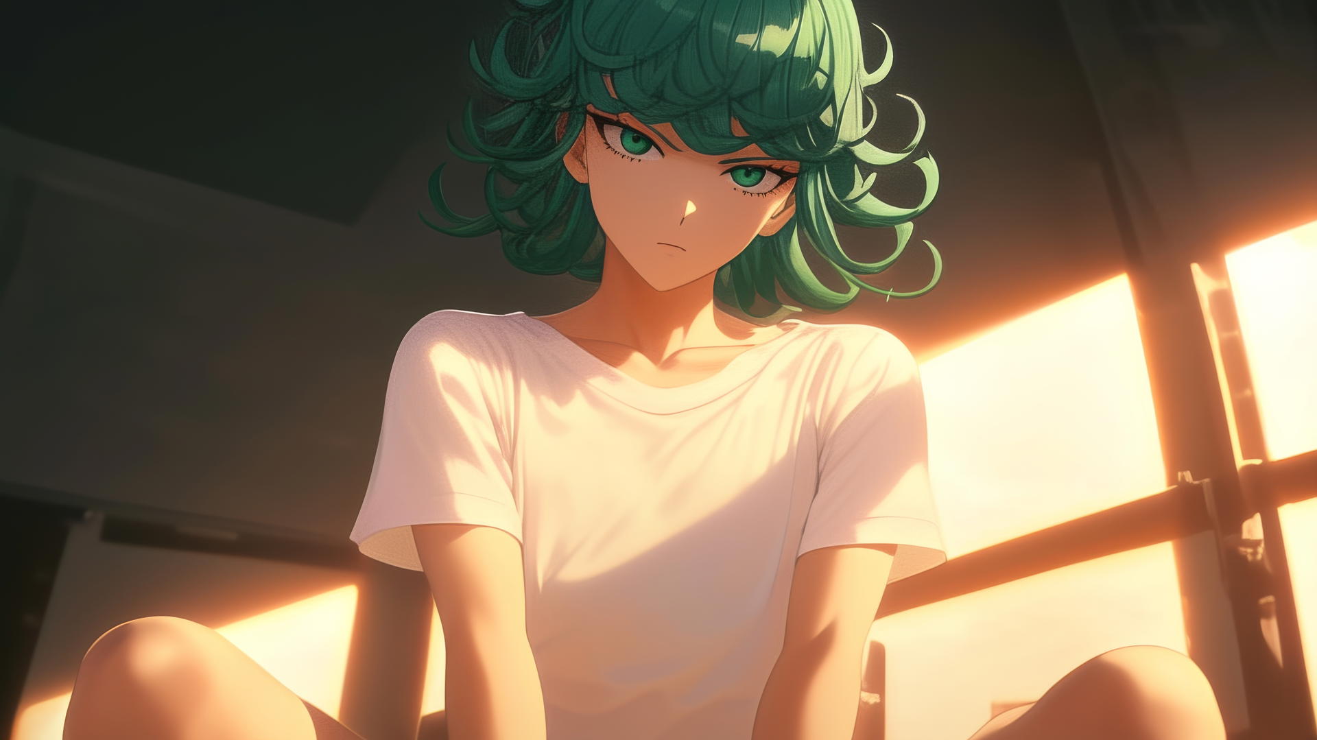 Tatsumaki from One-Punch Man, kneeling with emerald green hair and eyes, seen from below, warm light.