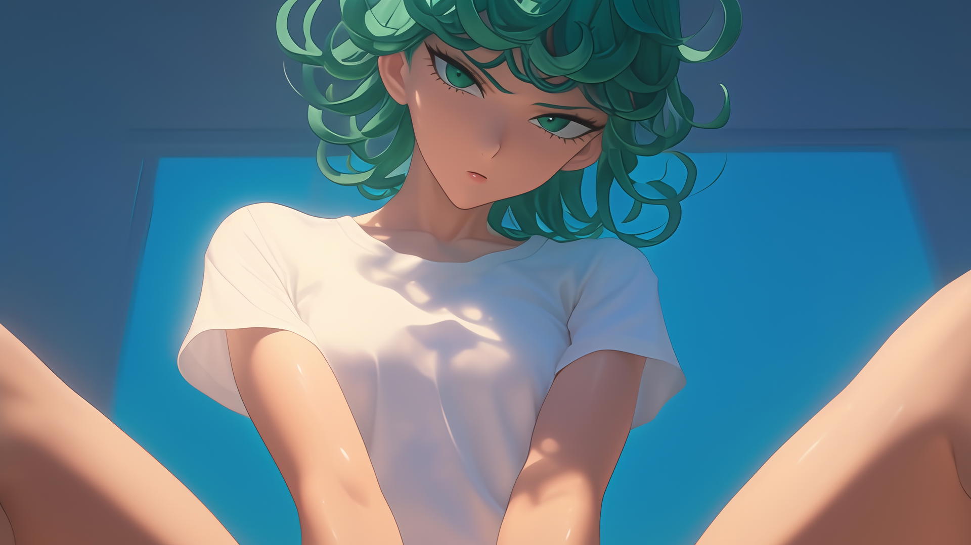 Tatsumaki kneeling and leaning forward with green hair and eyes, warm light, ceiling background.