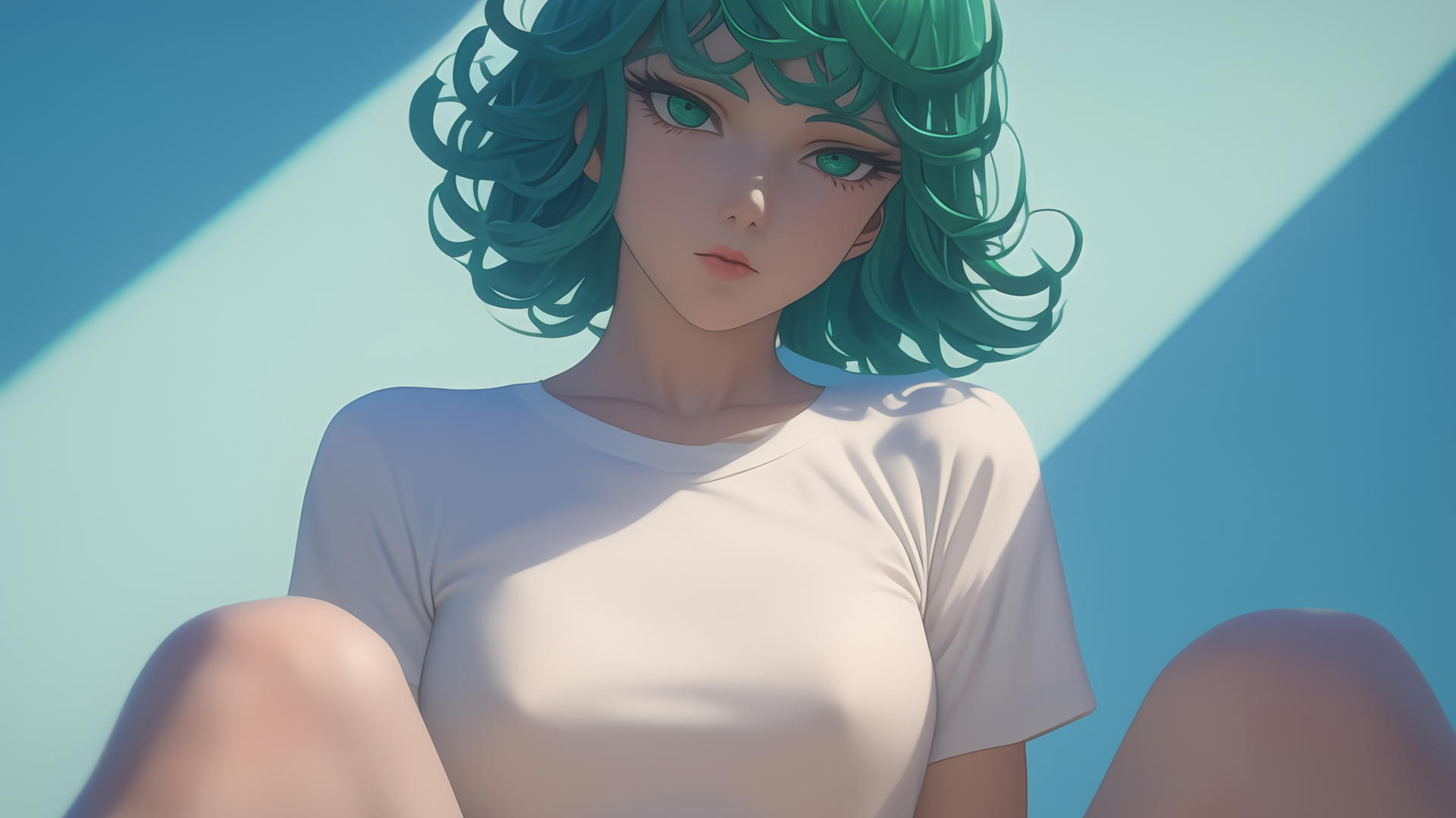 Tatsumaki from One-Punch Man in a white t-shirt, kneeling with warm light, looking down.