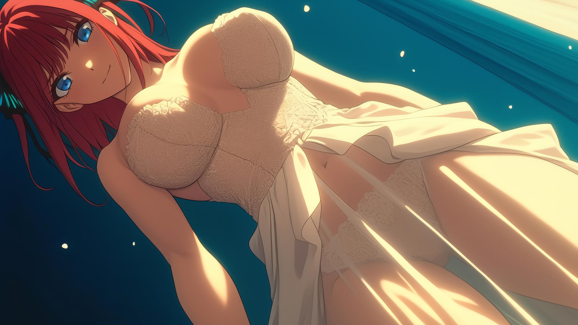 Nino Nakano in a wedding dress, kneeling and leaning, with dark blue eyes and reddish pink hair, ceiling background.