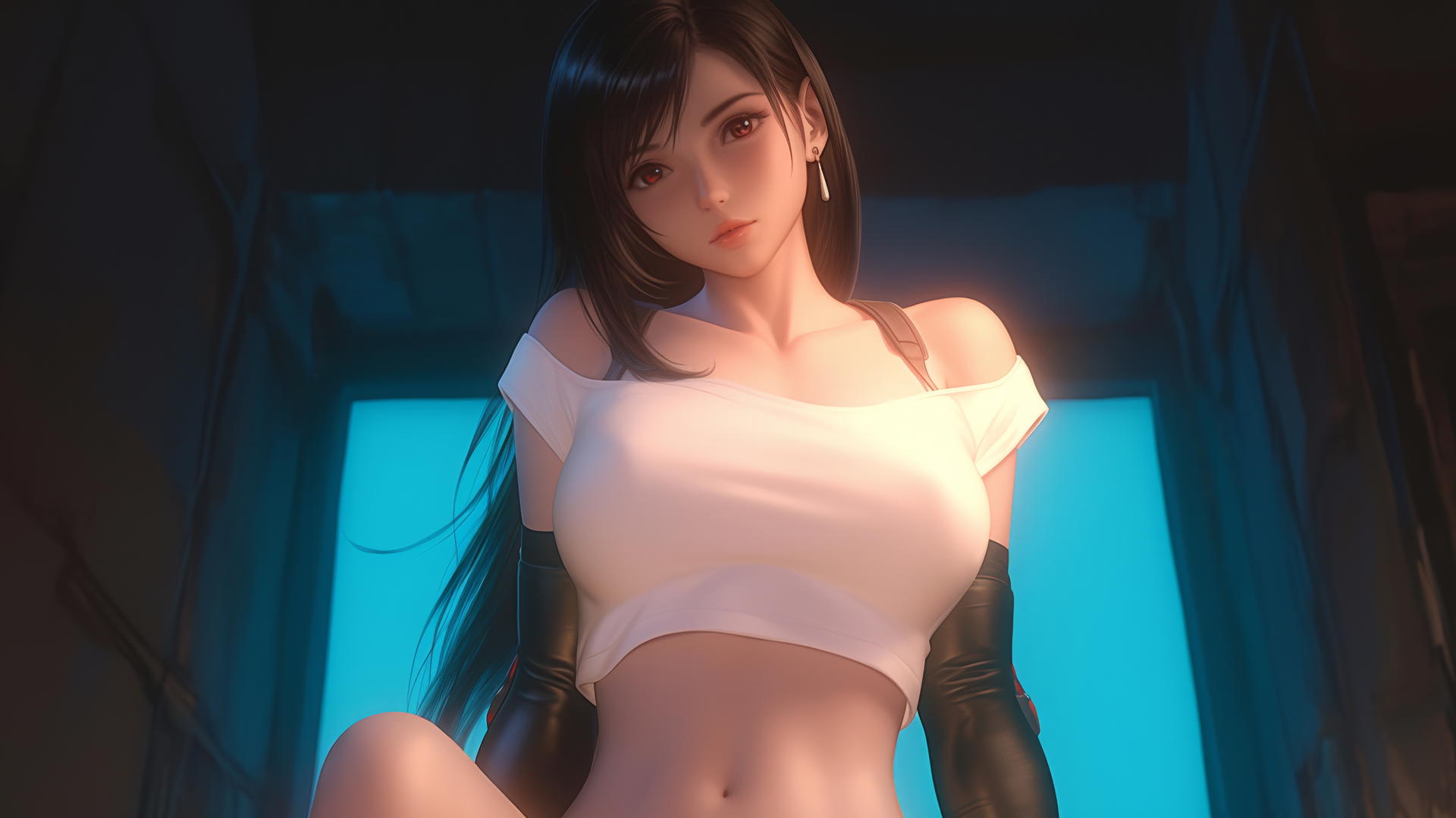 Tifa Lockhart kneeling and leaning forward, viewed from below with ceiling background.