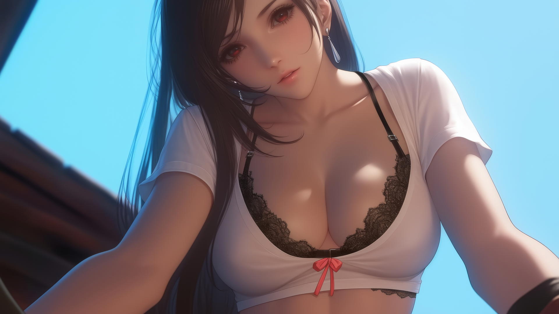 Tifa Lockhart kneeling and leaning forward with warm light casting a soft glow