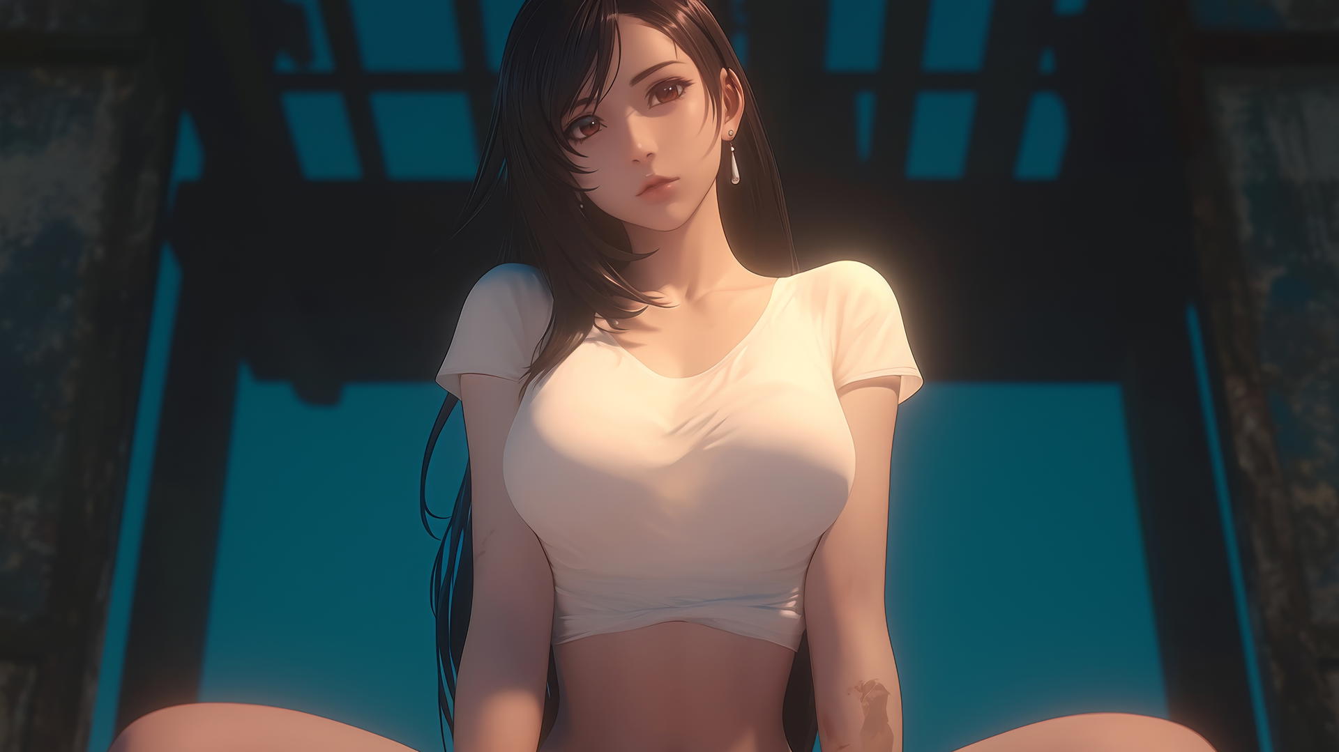 Tifa Lockhart kneeling and leaning forward, warm light, ceiling background