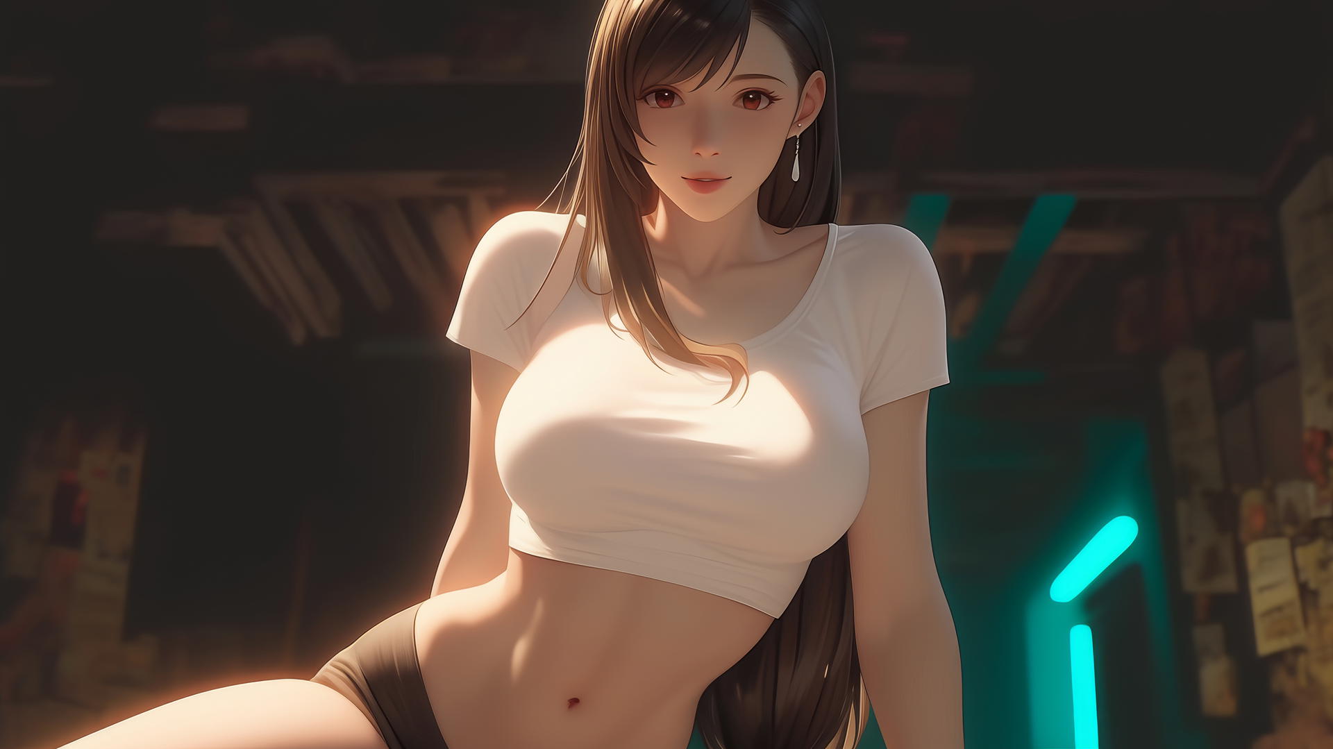 Tifa Lockhart kneeling and leaning forward with soft warm light and ceiling background.
