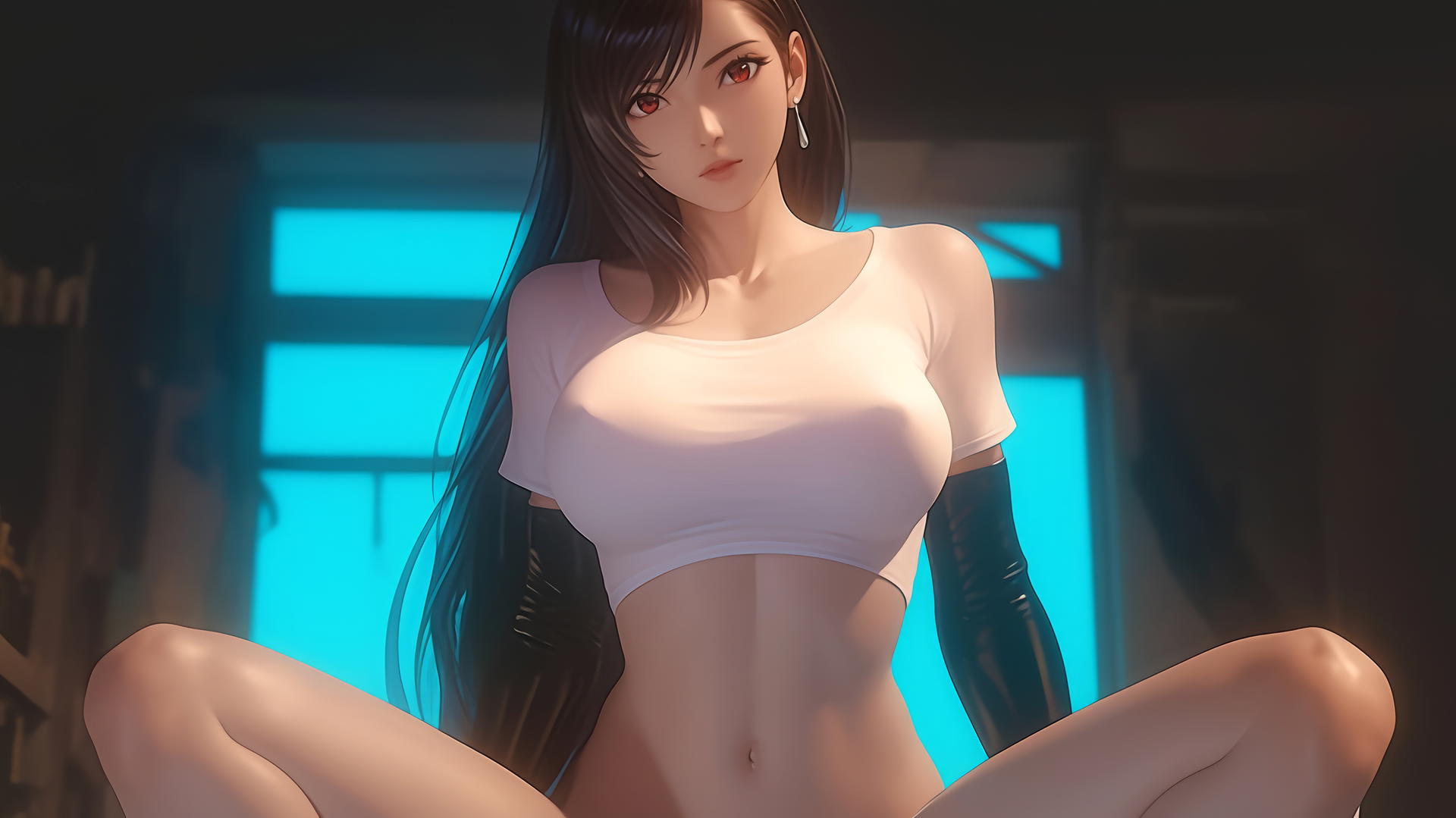 Tifa Lockhart kneeling in white shirt, leaning forward with warm light glow