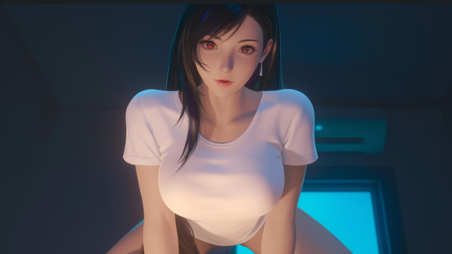Tifa Lockhart kneeling and leaning forward, seen from below, with a soft glow.