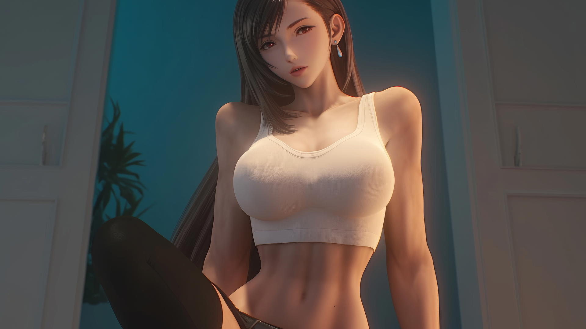 Tifa Lockhart kneeling and leaning forward in a white t-shirt, warm light glow