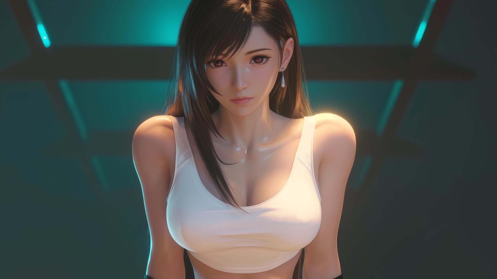 Tifa Lockhart kneeling and leaning forward, seen from below, warm light