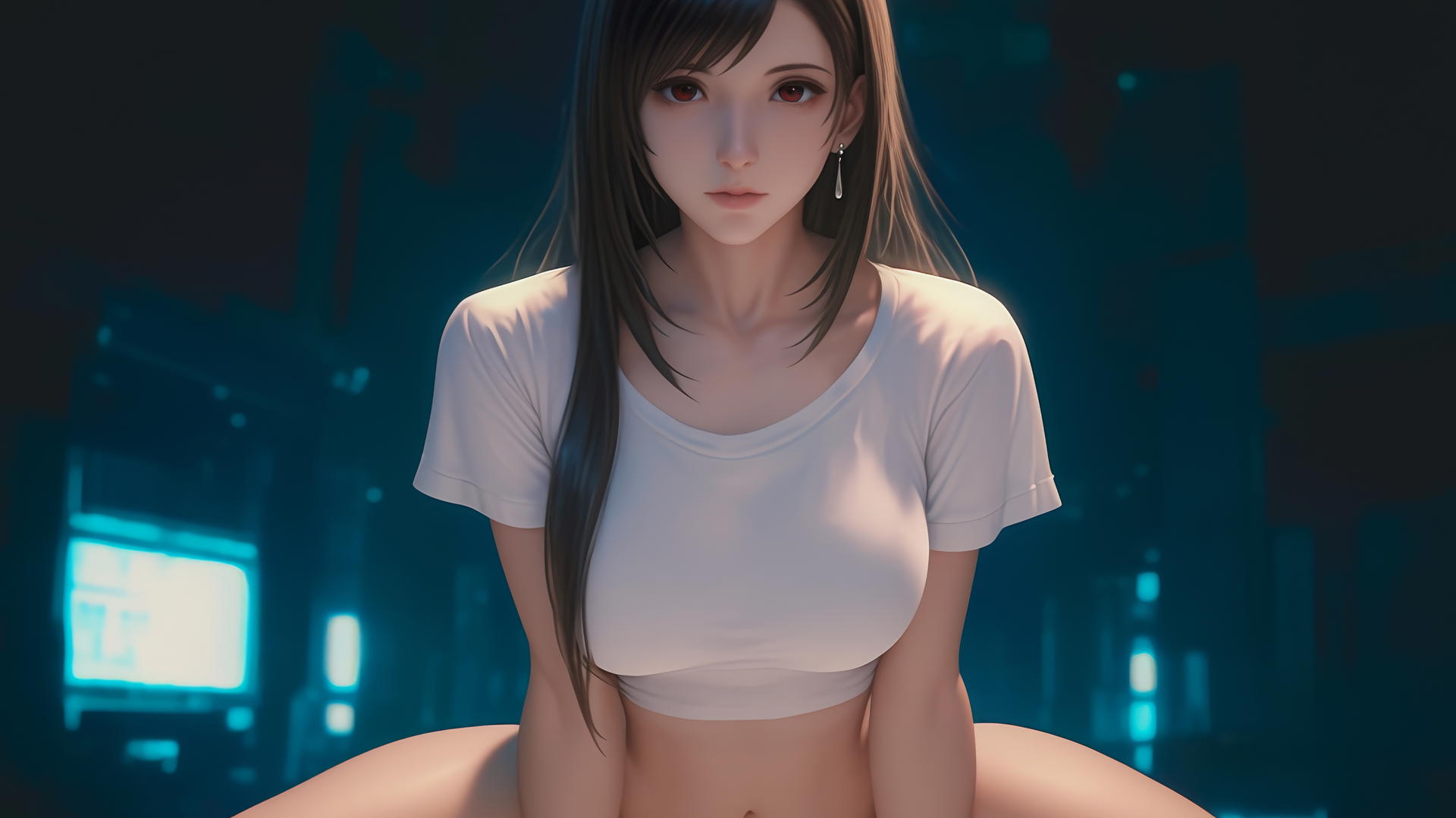 Tifa Lockhart in white t-shirt kneeling, leaning forward with warm light glow, ceiling background