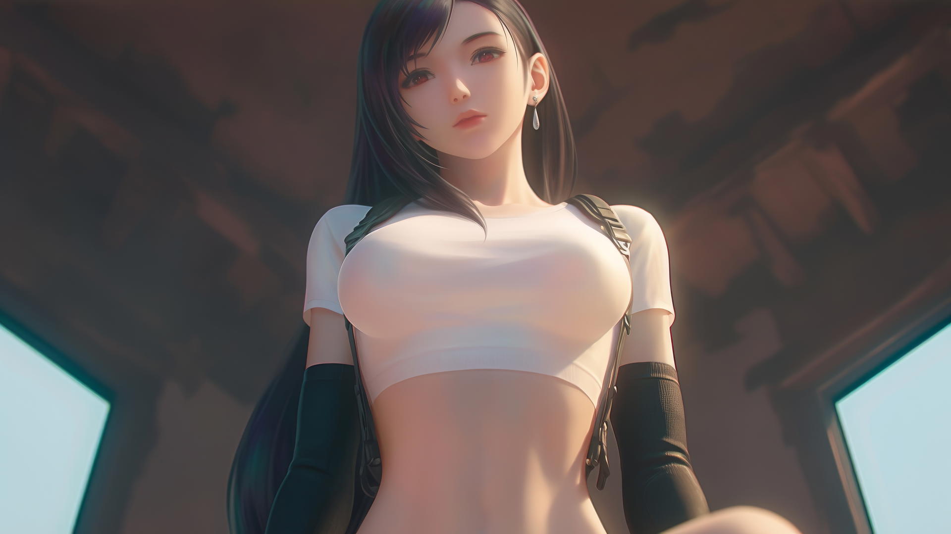 Tifa Lockhart kneeling and leaning forward in a white t-shirt with a ceiling behind her.