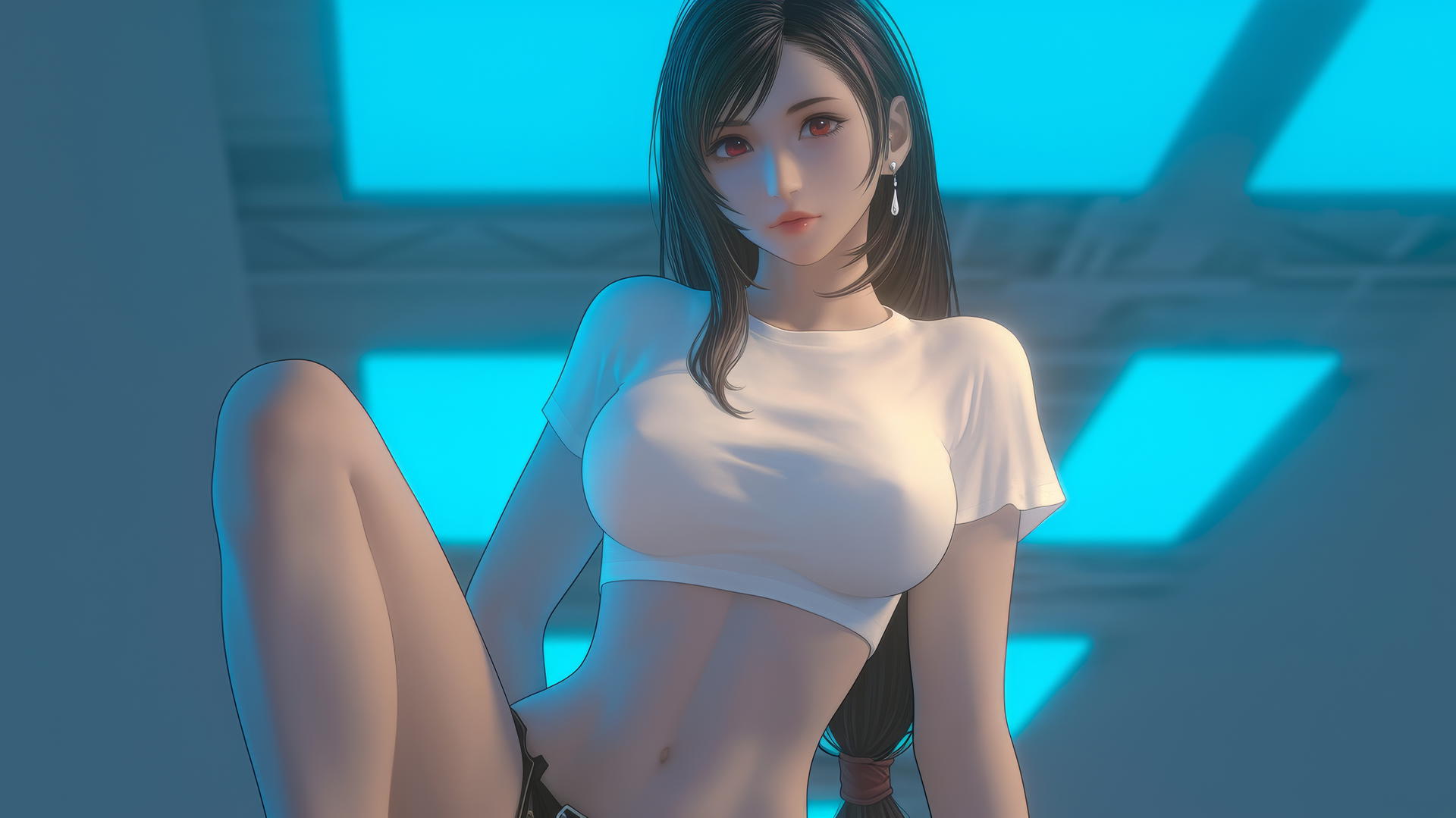Tifa Lockhart in a white t-shirt, kneeling, leaning forward with ceiling background and warm light.