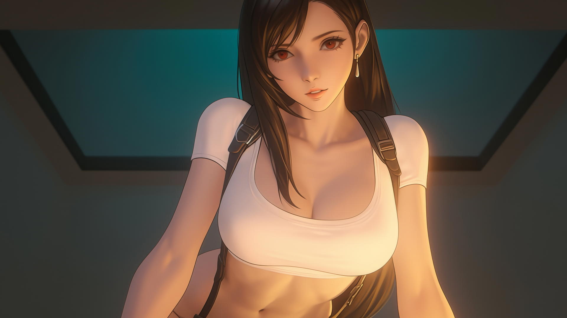 Tifa Lockhart kneeling, leaning forward in white T-shirt, ceiling background, warm light