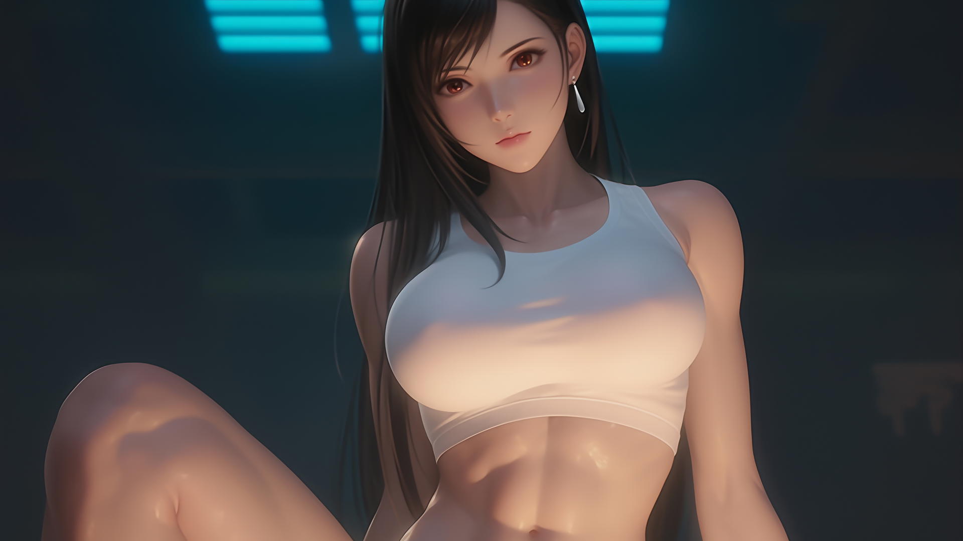 Tifa Lockhart from Final Fantasy, kneeling and leaning, warm light, ceiling background