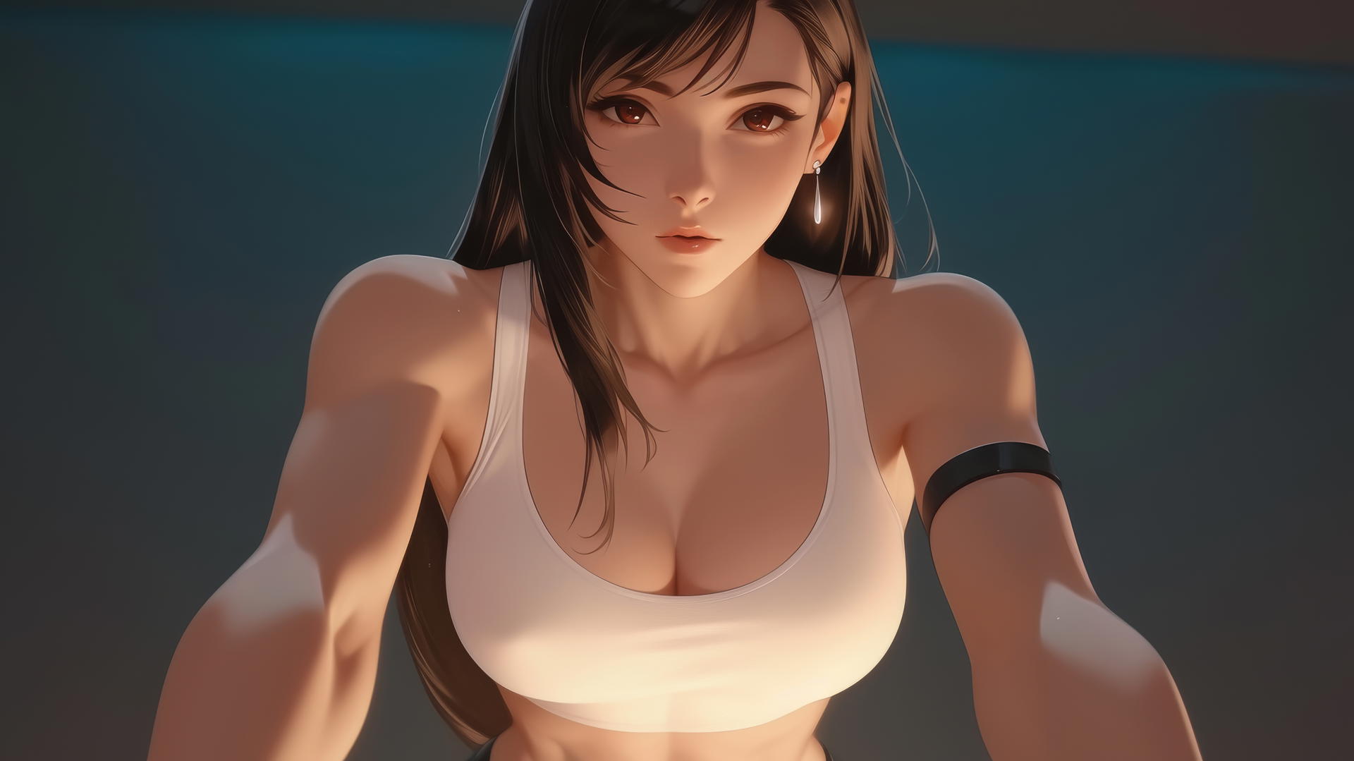 Tifa Lockhart kneeling in white t-shirt, leaning forward with a warm light glow.