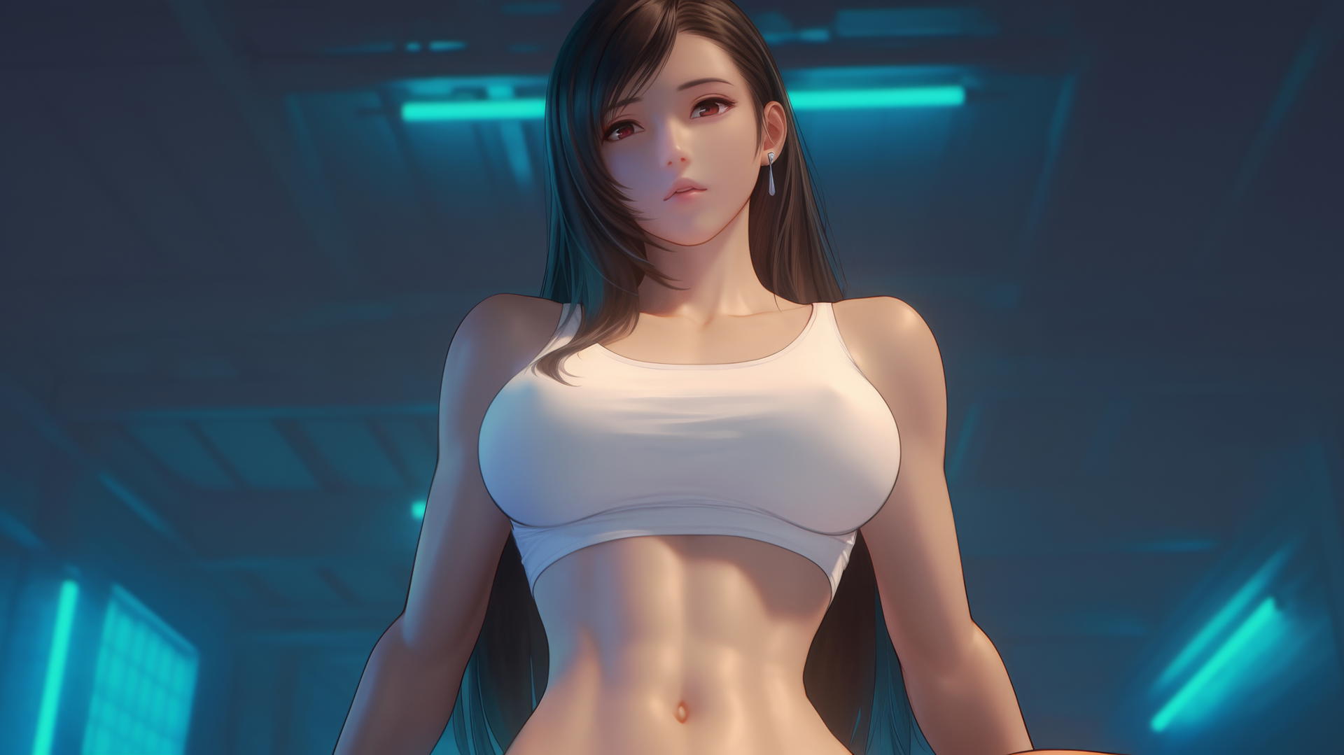 Tifa Lockhart in a white t-shirt, kneeling with a warm glow