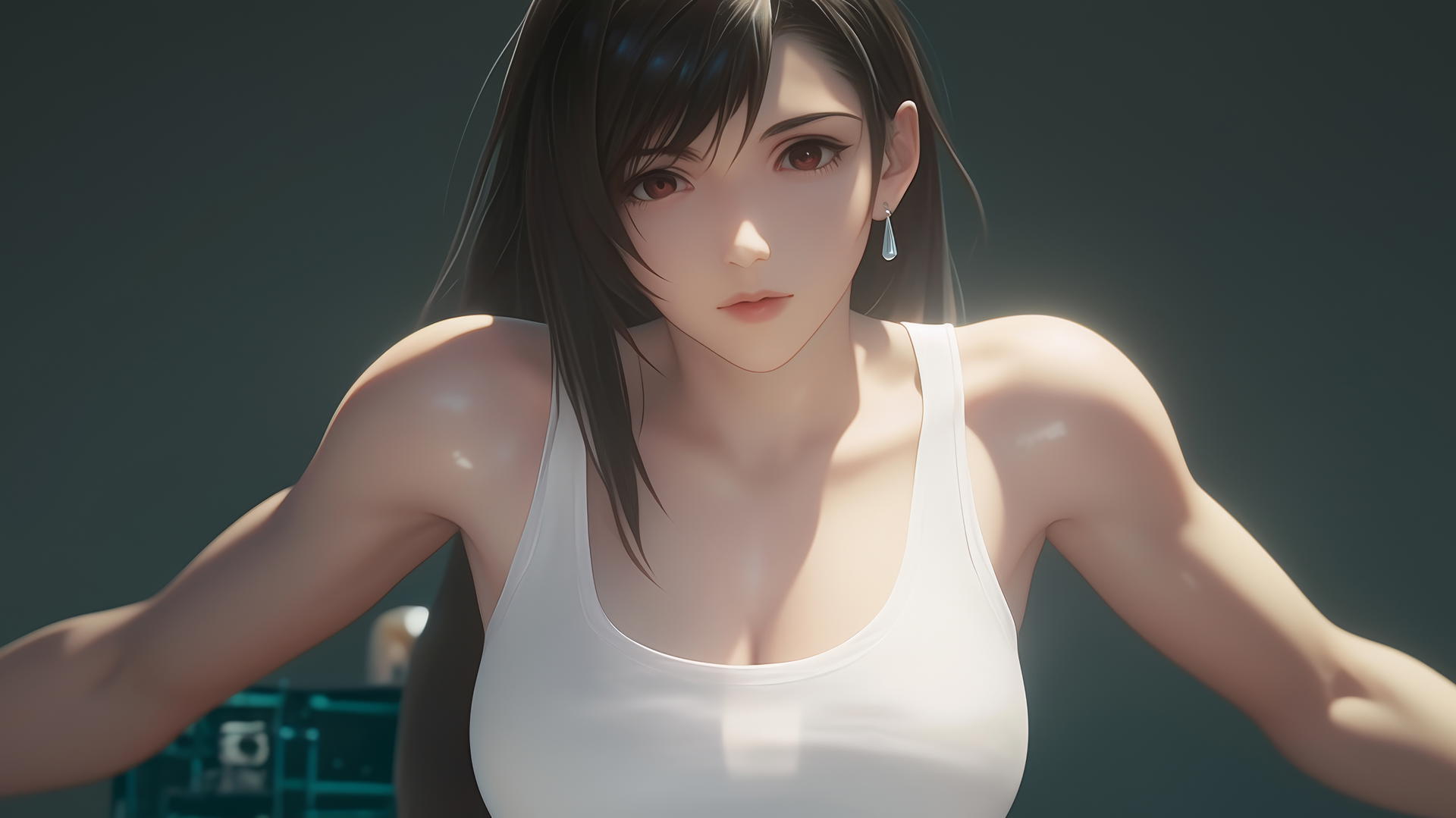 Tifa Lockhart kneeling and leaning forward, seen from below, white t-shirt, ceiling background, warm light glow.