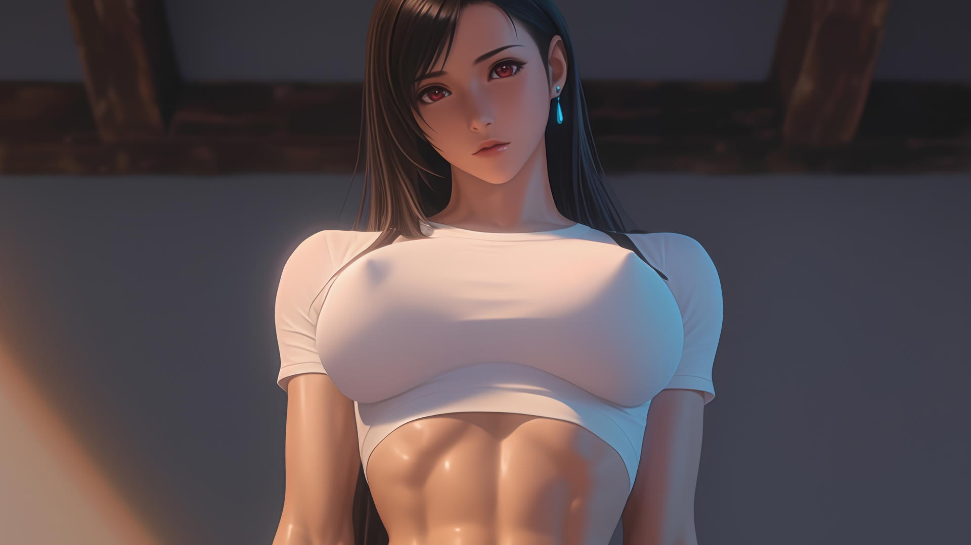 Tifa Lockhart kneeling in a white t-shirt, looking down, with a ceiling background.