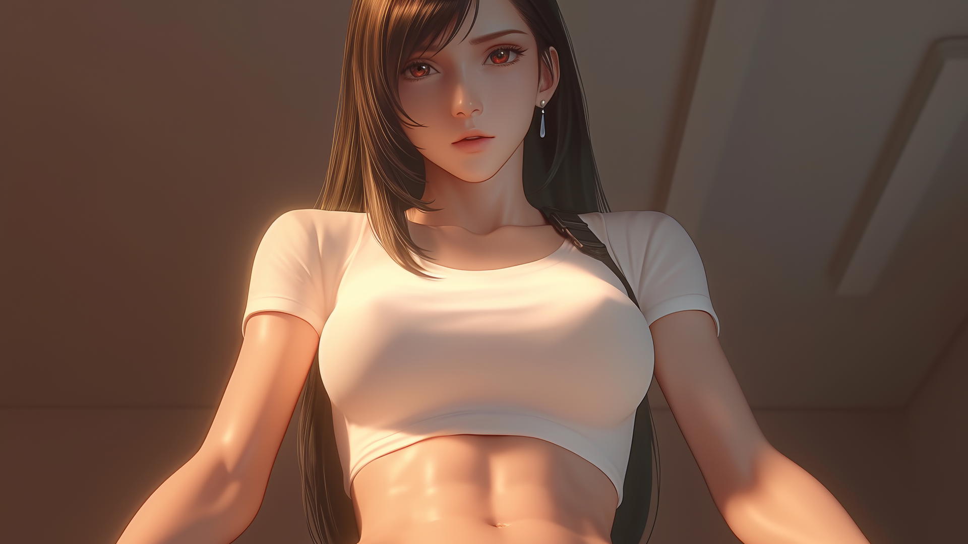 Tifa Lockhart kneeling and leaning forward, warm light on muscular figure, ceiling background.