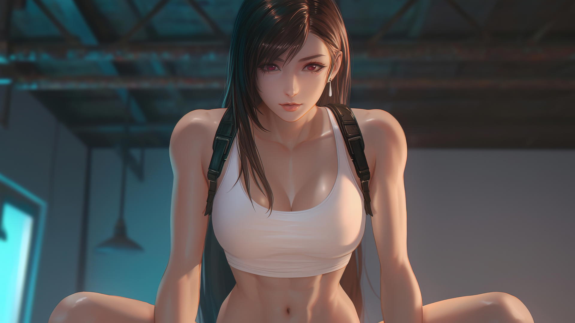Tifa Lockhart kneeling and leaning forward, seen from below with a ceiling background.