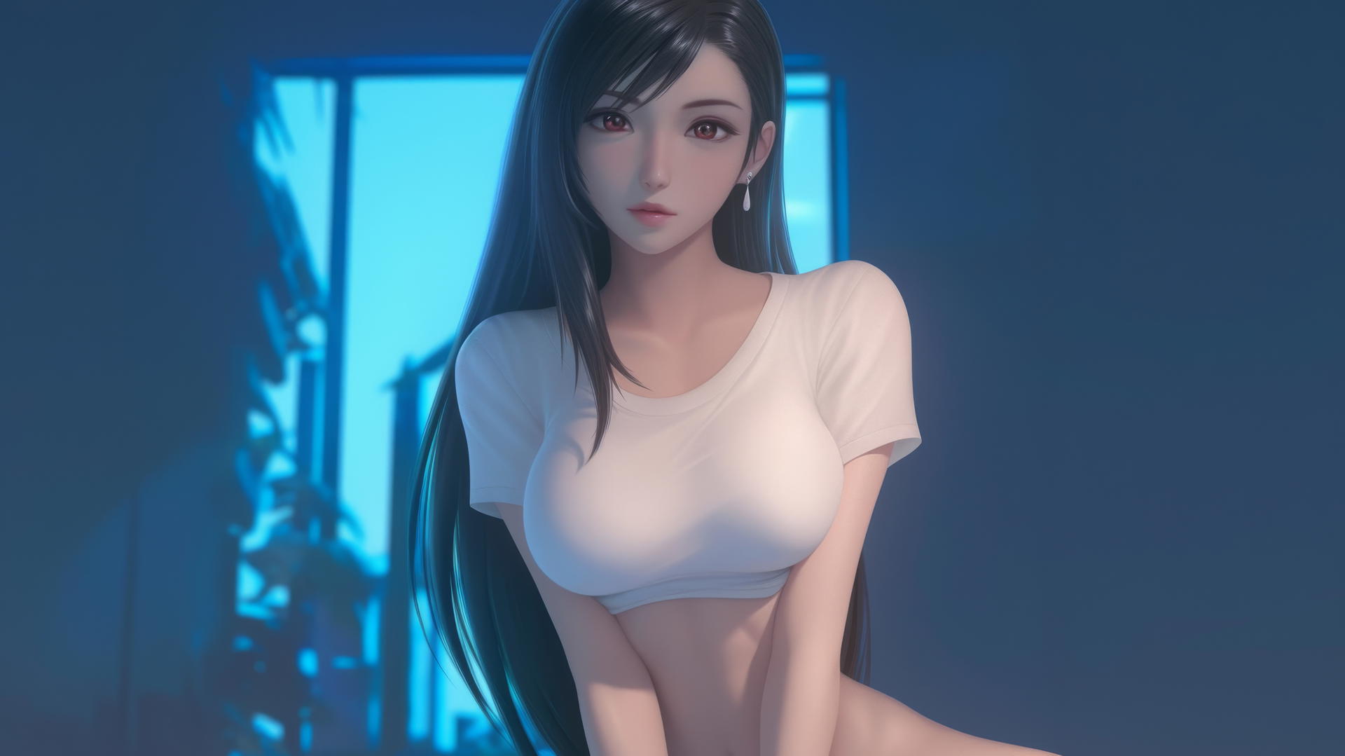 Tifa Lockhart in a white t-shirt, kneeling and leaning forward with a ceiling background.
