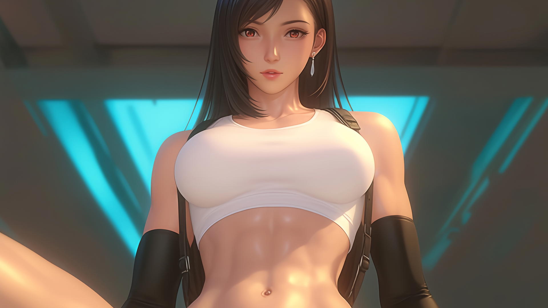 Tifa Lockhart kneeling, leaning towards viewer, warm light, ceiling background