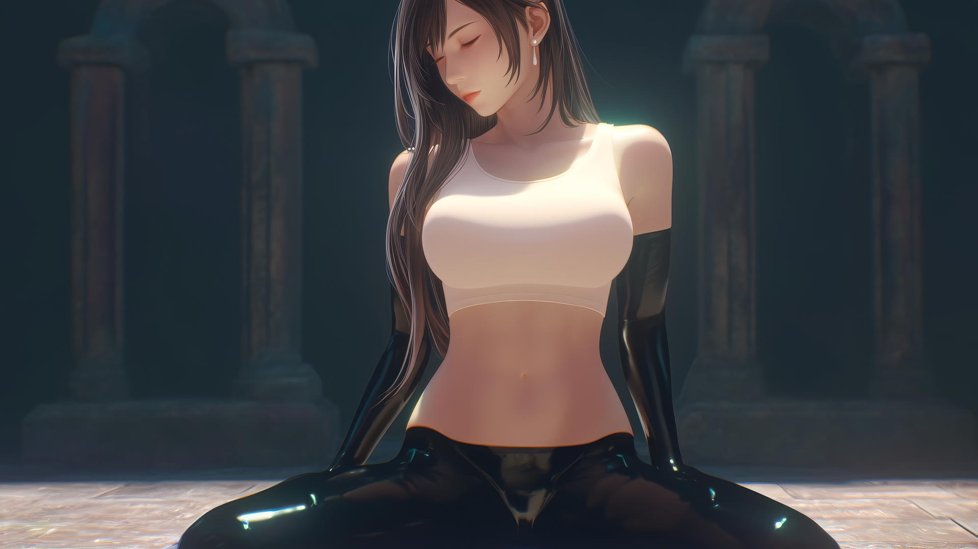 Tifa Lockhart kneeling and leaning forward, warm light on muscular figure