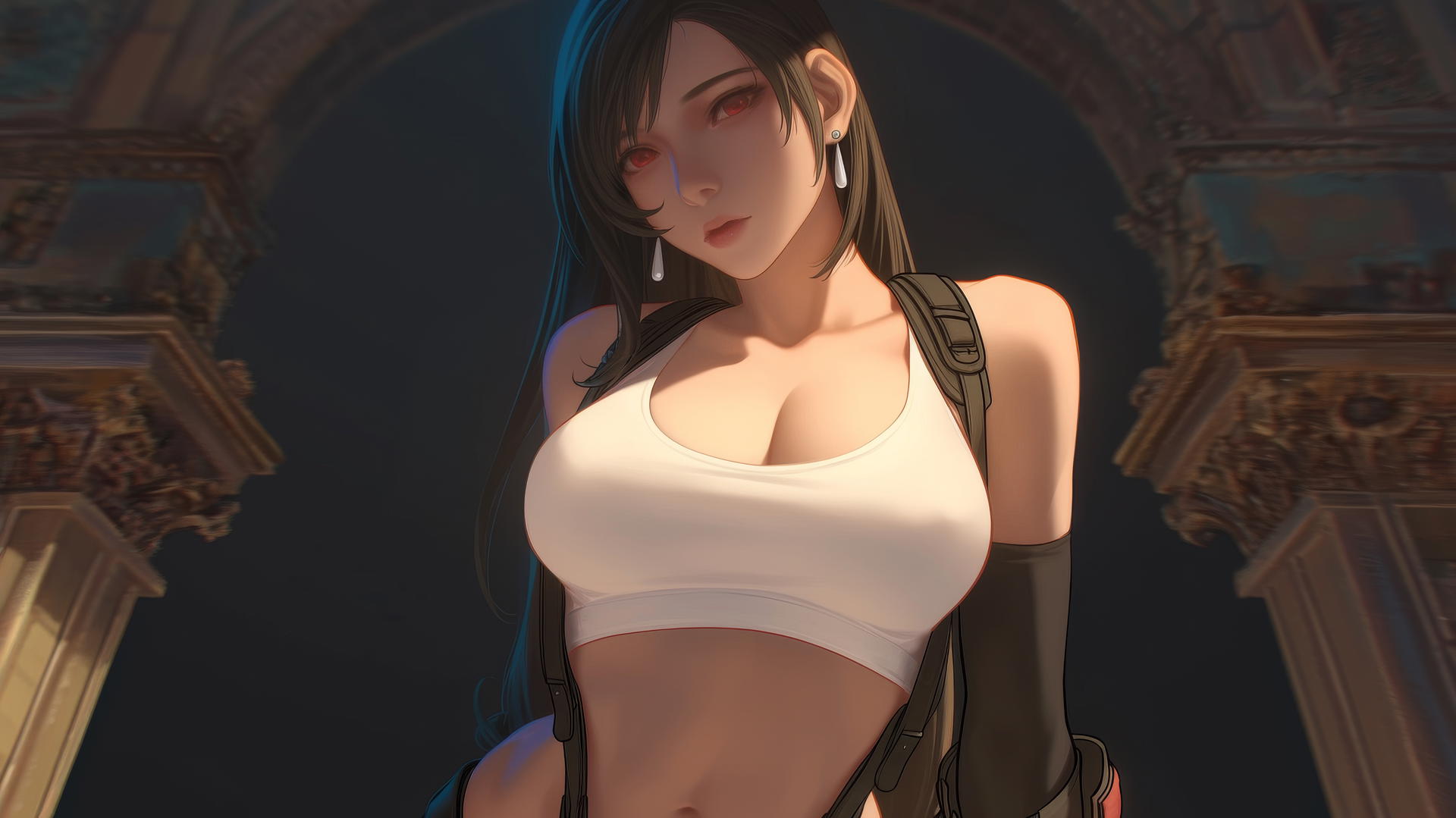 Tifa Lockhart kneeling, leaning down, with warm light casting a soft glow