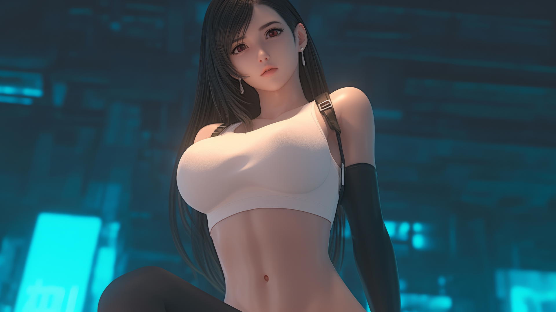 Tifa Lockhart kneeling and leaning, looking down with warm light and ceiling behind