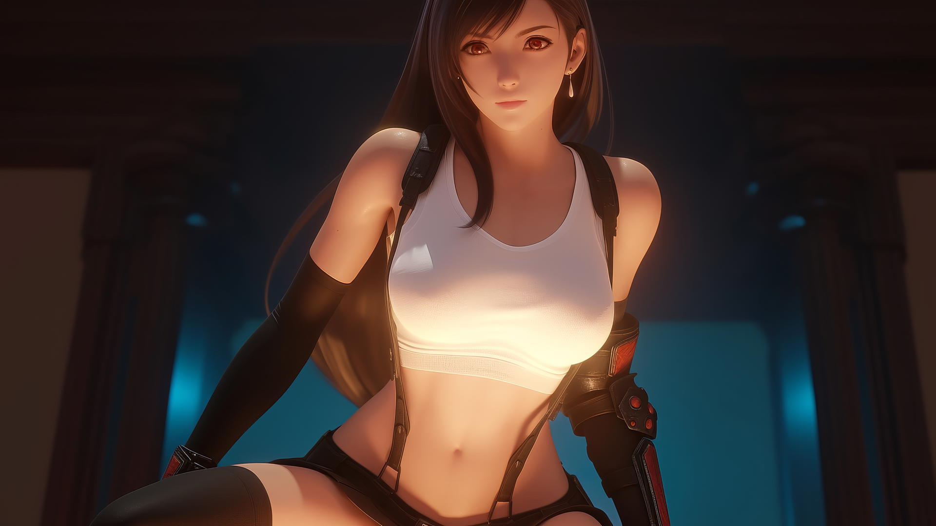 Tifa Lockhart from Final Fantasy kneeling and leaning forward, warm light, ceiling background