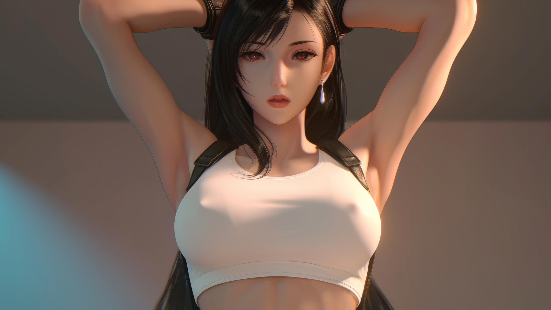 Tifa Lockhart kneeling and leaning with a soft warm glow