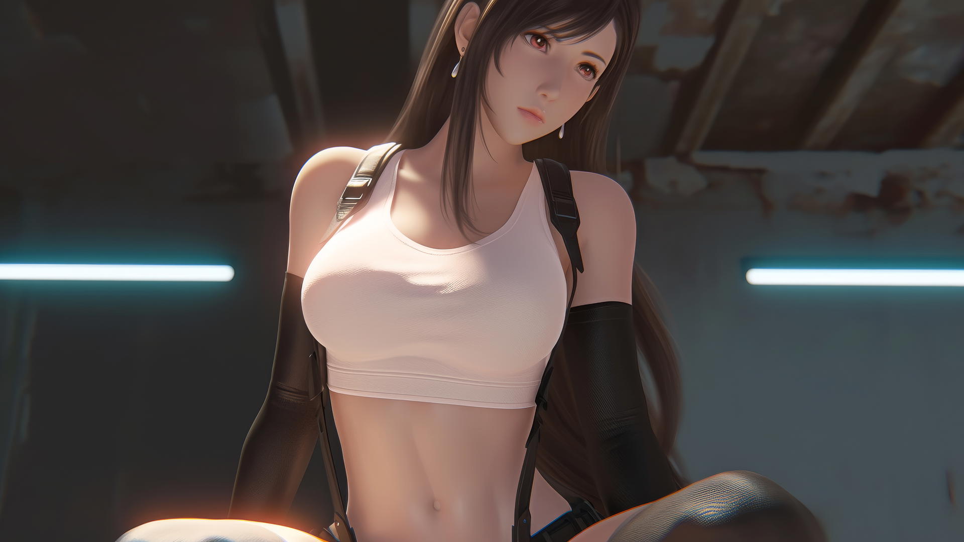 Tifa Lockhart kneeling, leaning with warm light casting a soft glow, ceiling background