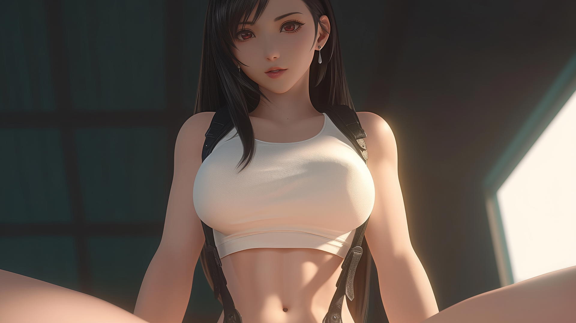 Tifa Lockhart, kneeling and leaning forward, looking down with a ceiling background