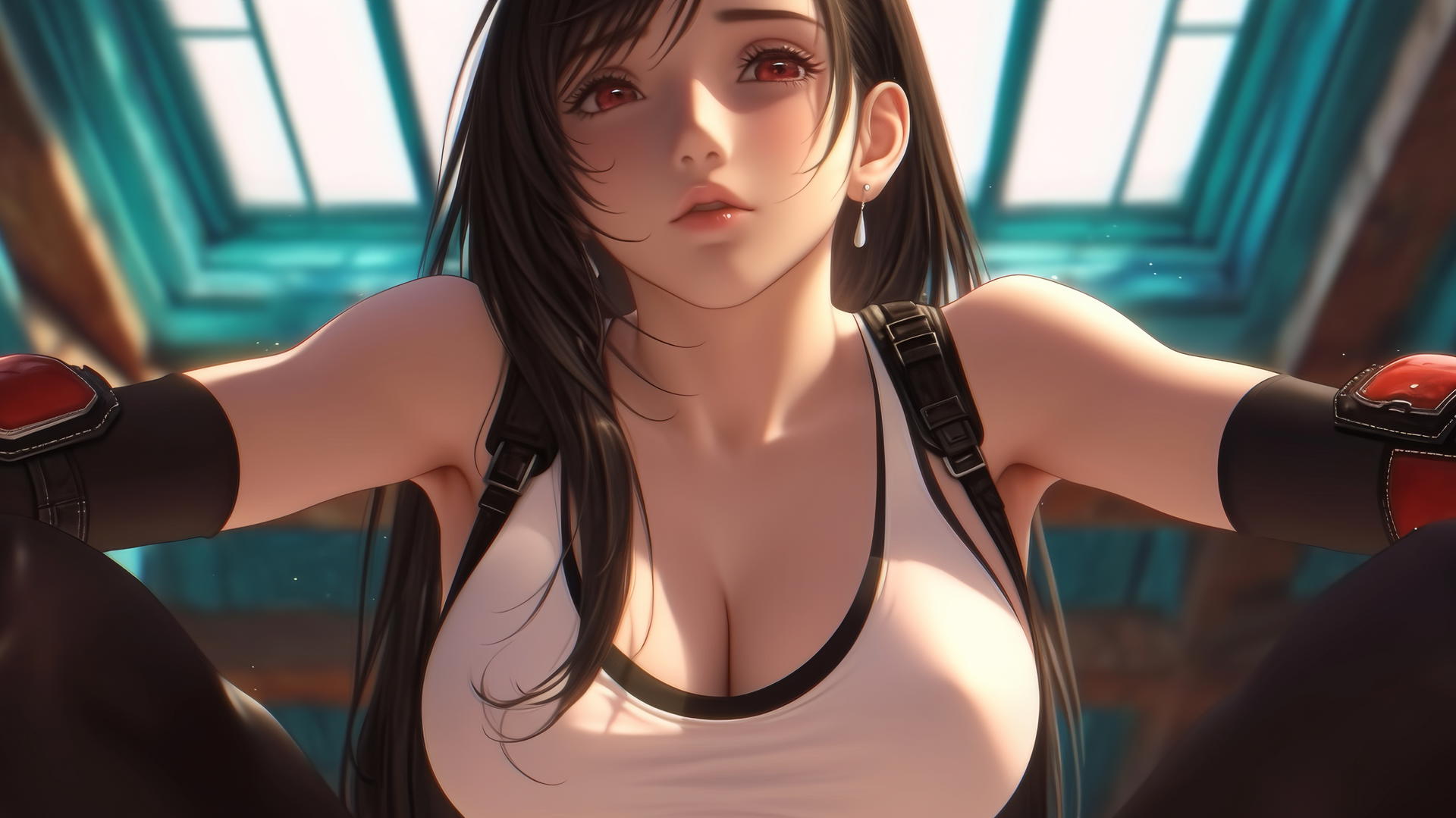 Tifa Lockhart kneeling and leaning, warm light on muscular figure, ceiling background