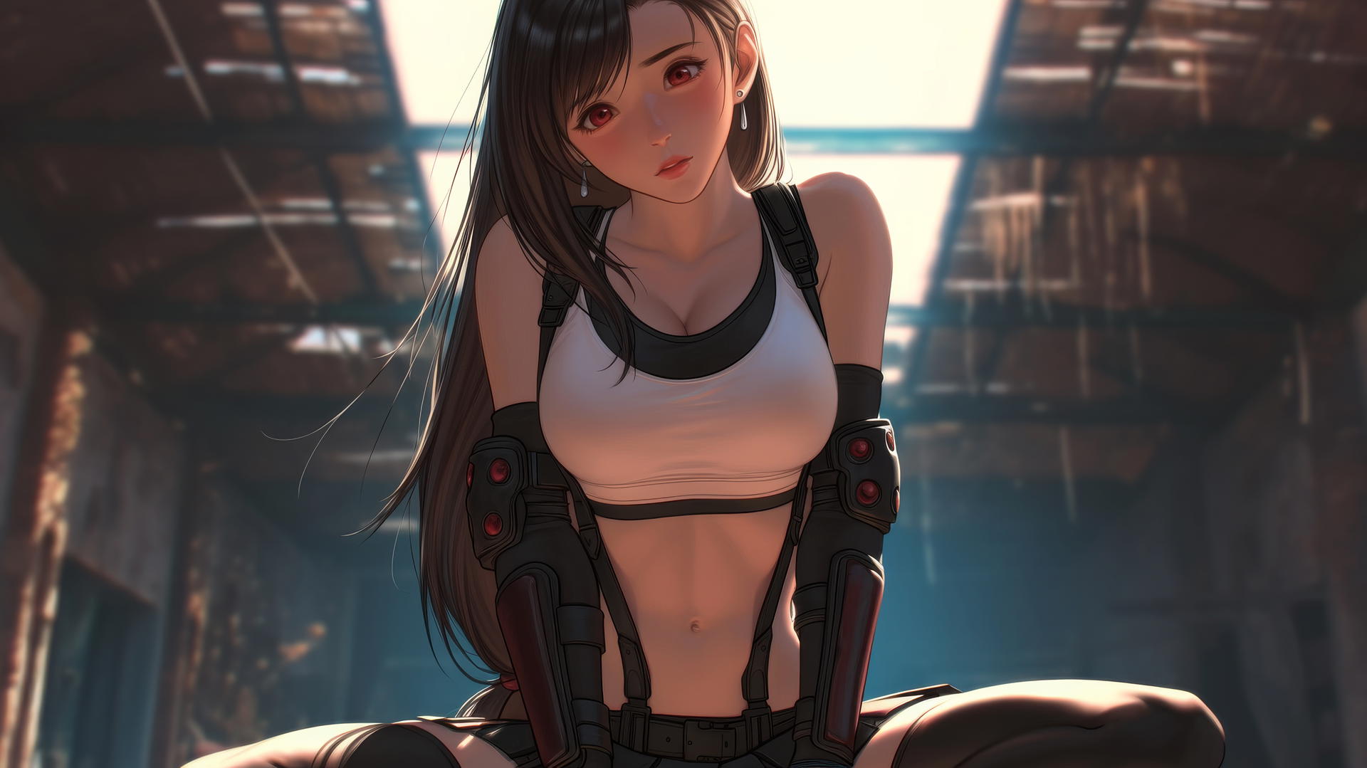 Tifa Lockhart kneeling, looking down with warm light on her figure.