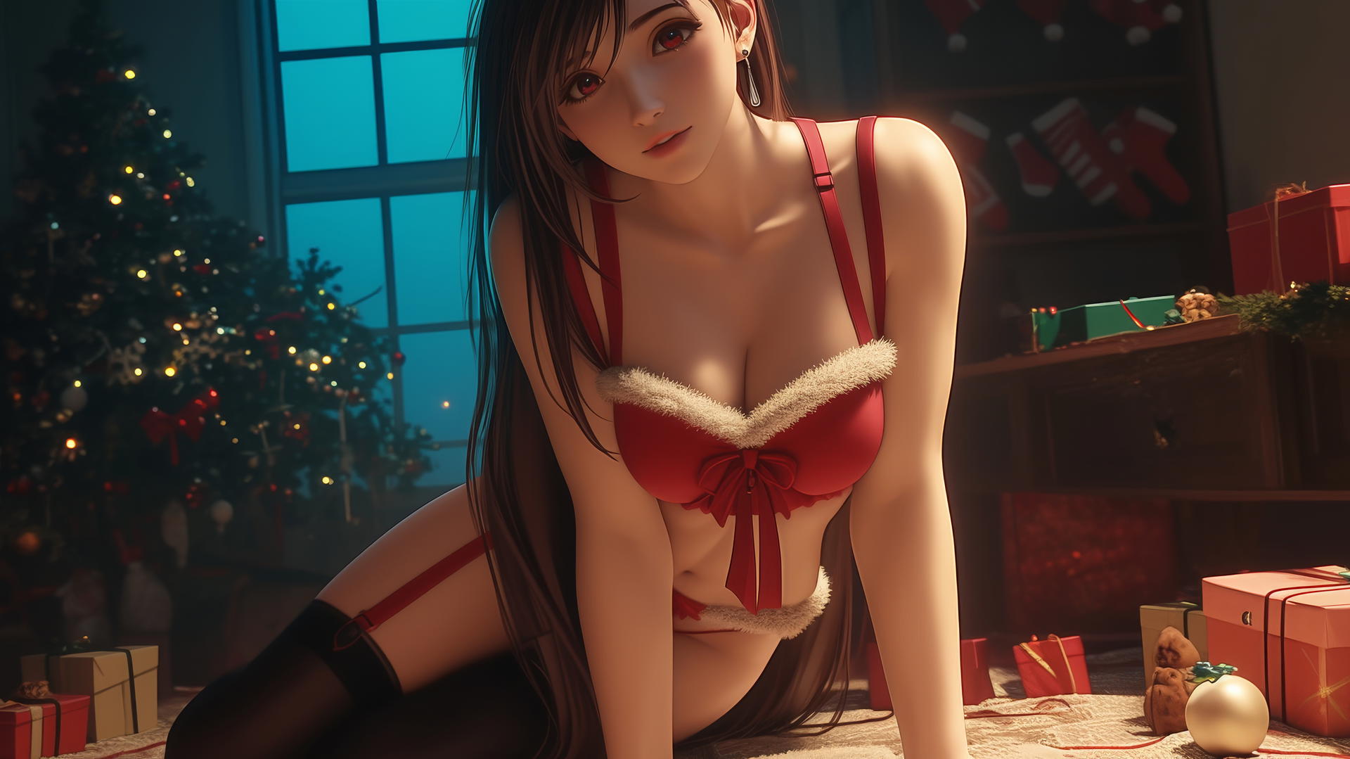 Tifa Lockhart in Christmas style red, kneeling, seen from below with ceiling background.