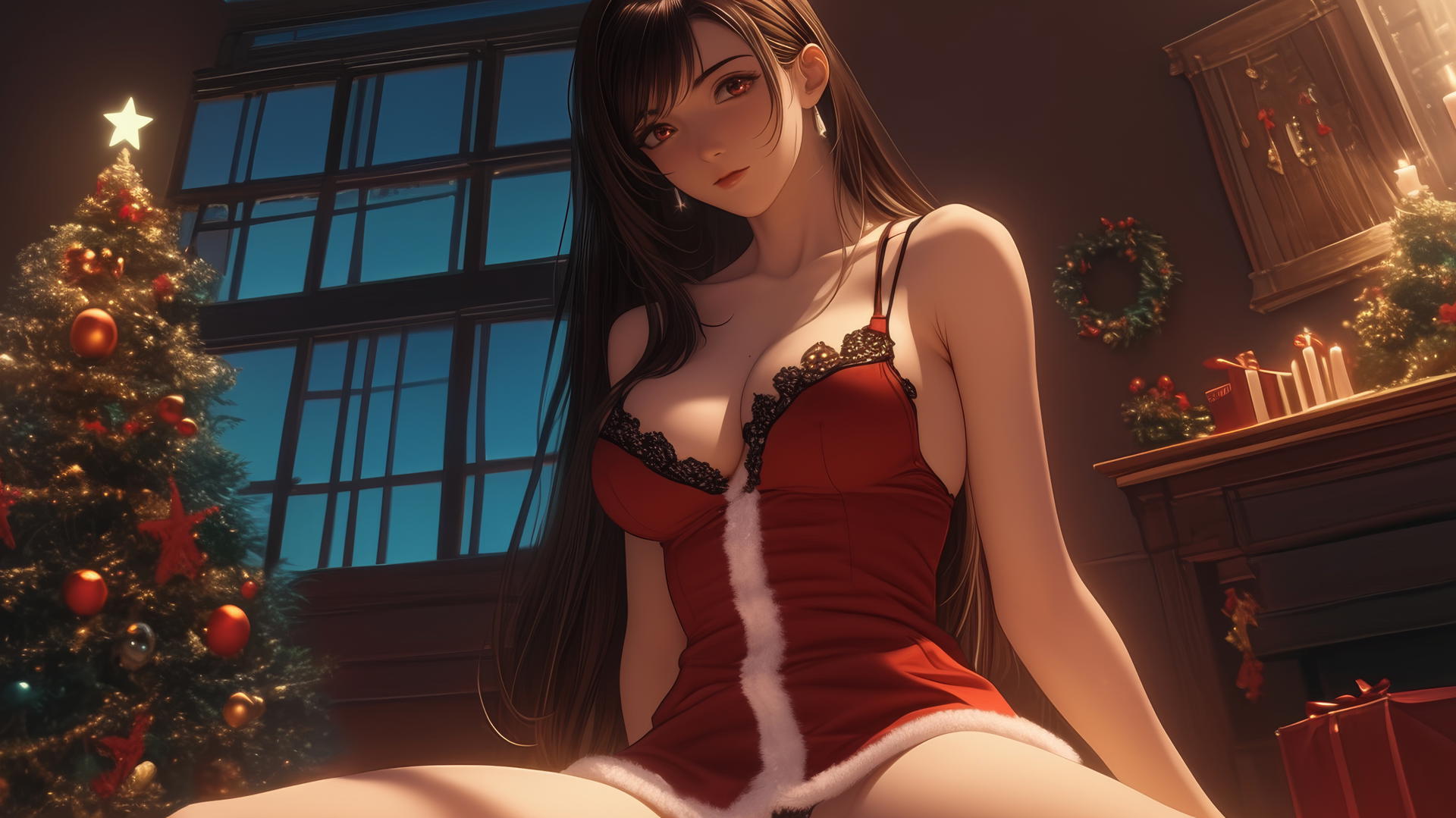 Tifa Lockhart in Christmas outfit kneeling, leaning forward with warm light