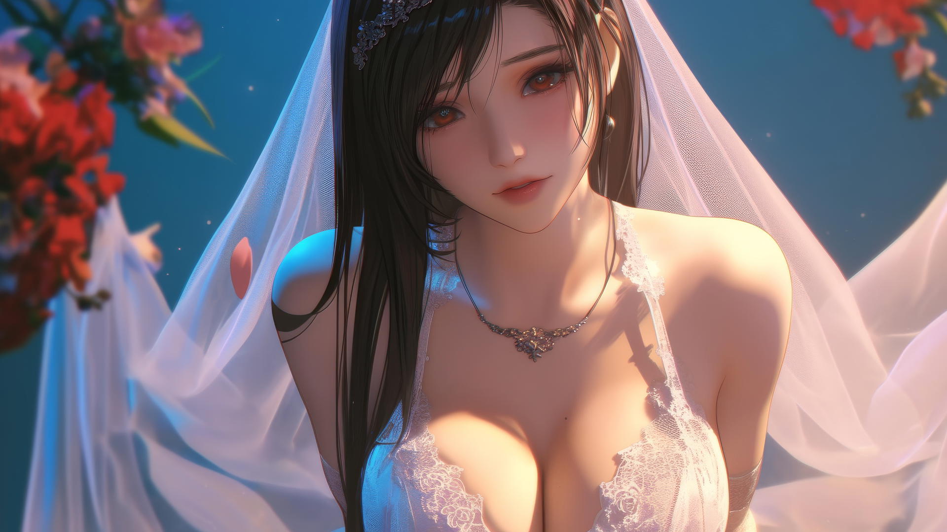 Tifa Lockhart in a wedding dress kneeling and leaning forward with a warm glow