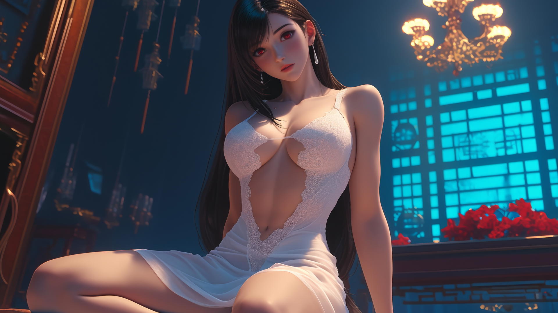 Tifa Lockhart kneeling in a wedding dress under warm light, looking straight down.