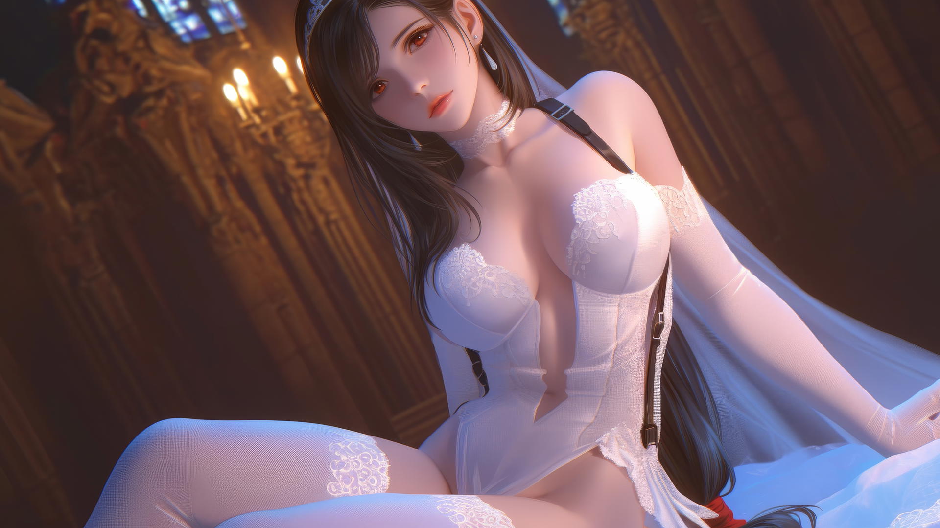 Tifa Lockhart in a wedding dress, kneeling, leaning forward with a soft glow