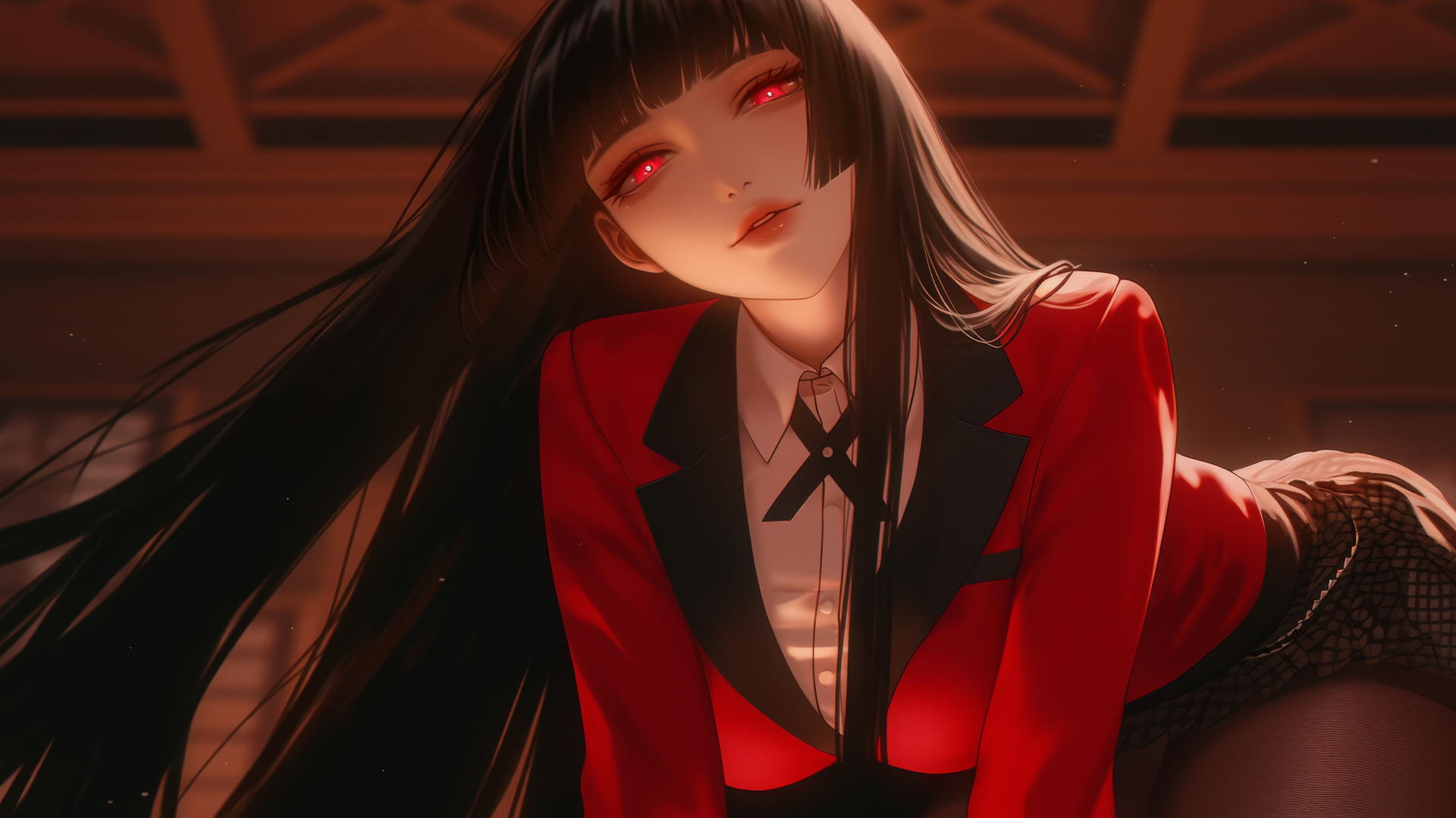 Yumeko Jabami with long thick black hair, kneeling and leaning forward, red eyes, warm light.
