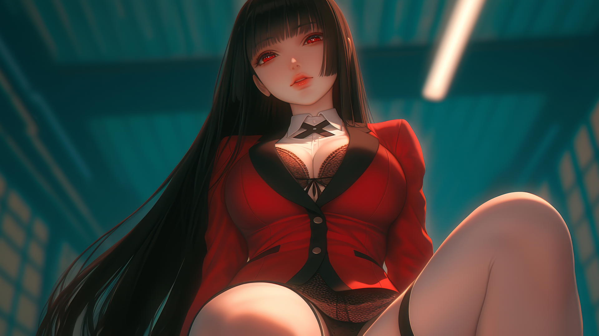 Yumeko Jabami from Kakegurui kneeling and leaning with a warm light glow.