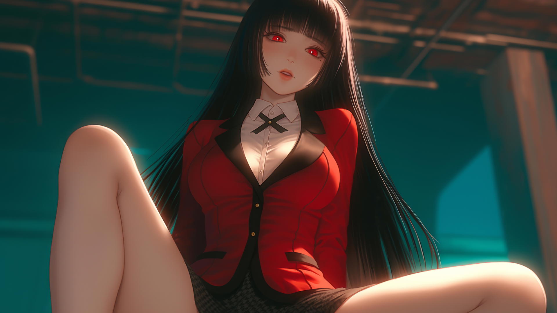 Yumeko Jabami kneeling, hime-cut black hair, red eyes, warm light glow, ceiling background