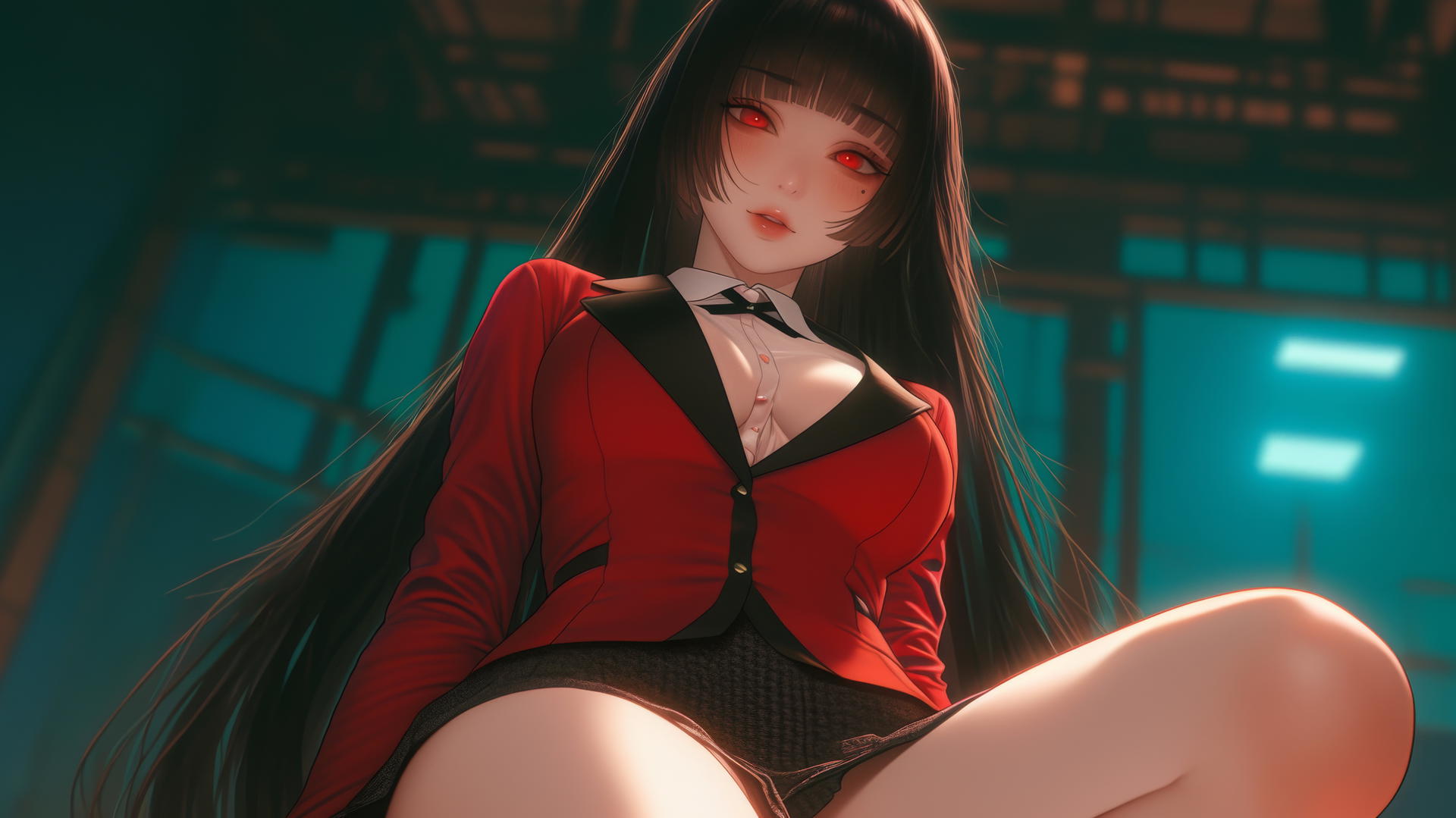 Yumeko Jabami kneeling and leaning with warm light