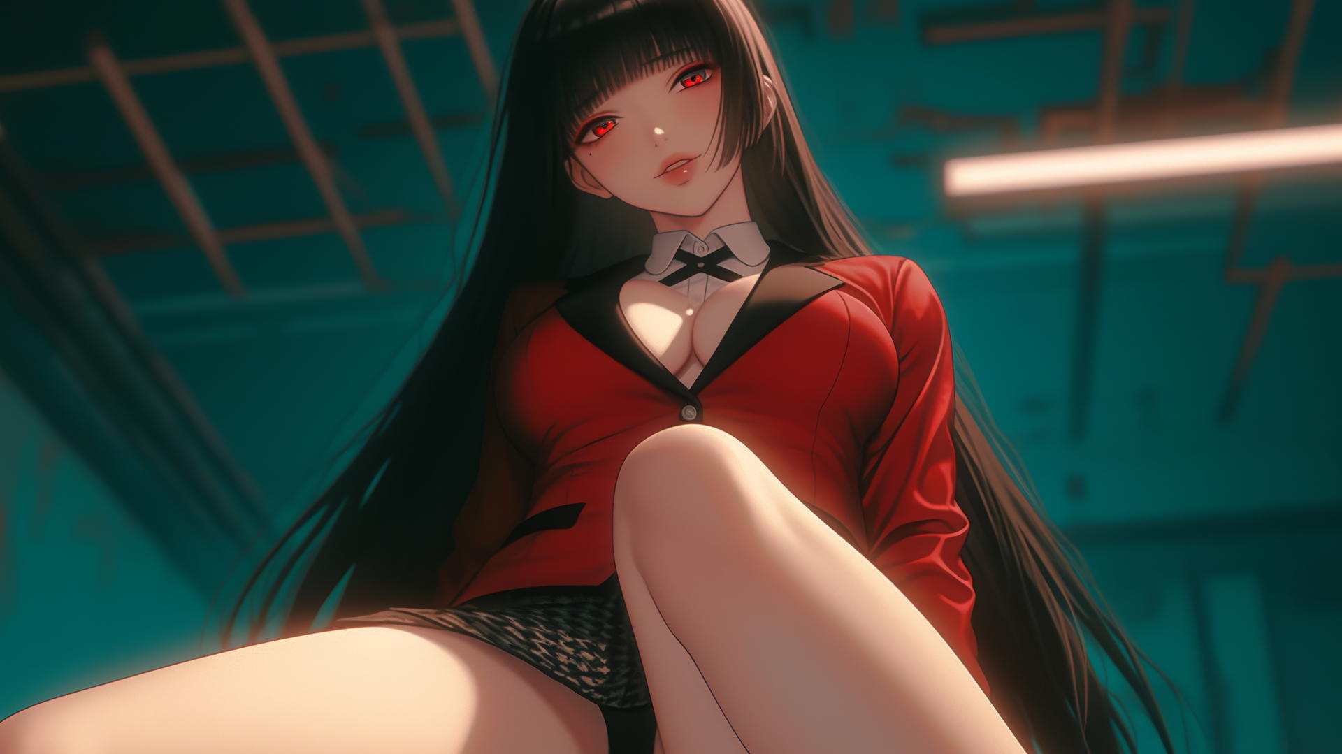 Yumeko Jabami from Kakegurui leaning and kneeling, red eyes, hime-cut hair, ceiling background